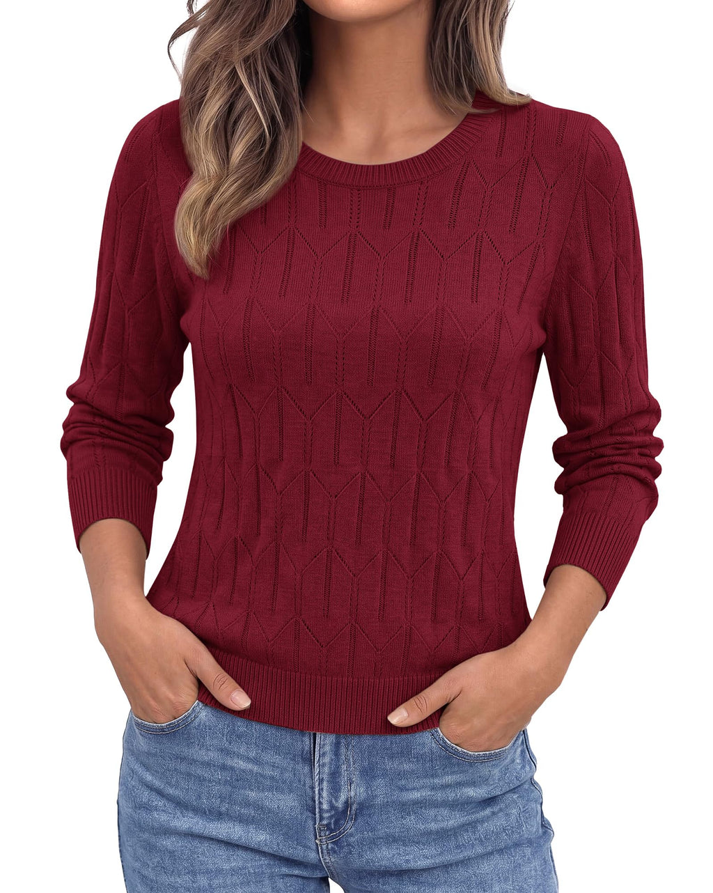BTFBM Womens Sweaters Long Sleeve Crewneck Pullover Tops Dressy Casual Lightweight Knit Sweater,Small Hollow Out Boho Shirts, Fall Fashion,Winter Layer Basic Clothes,Business Casual Outfits