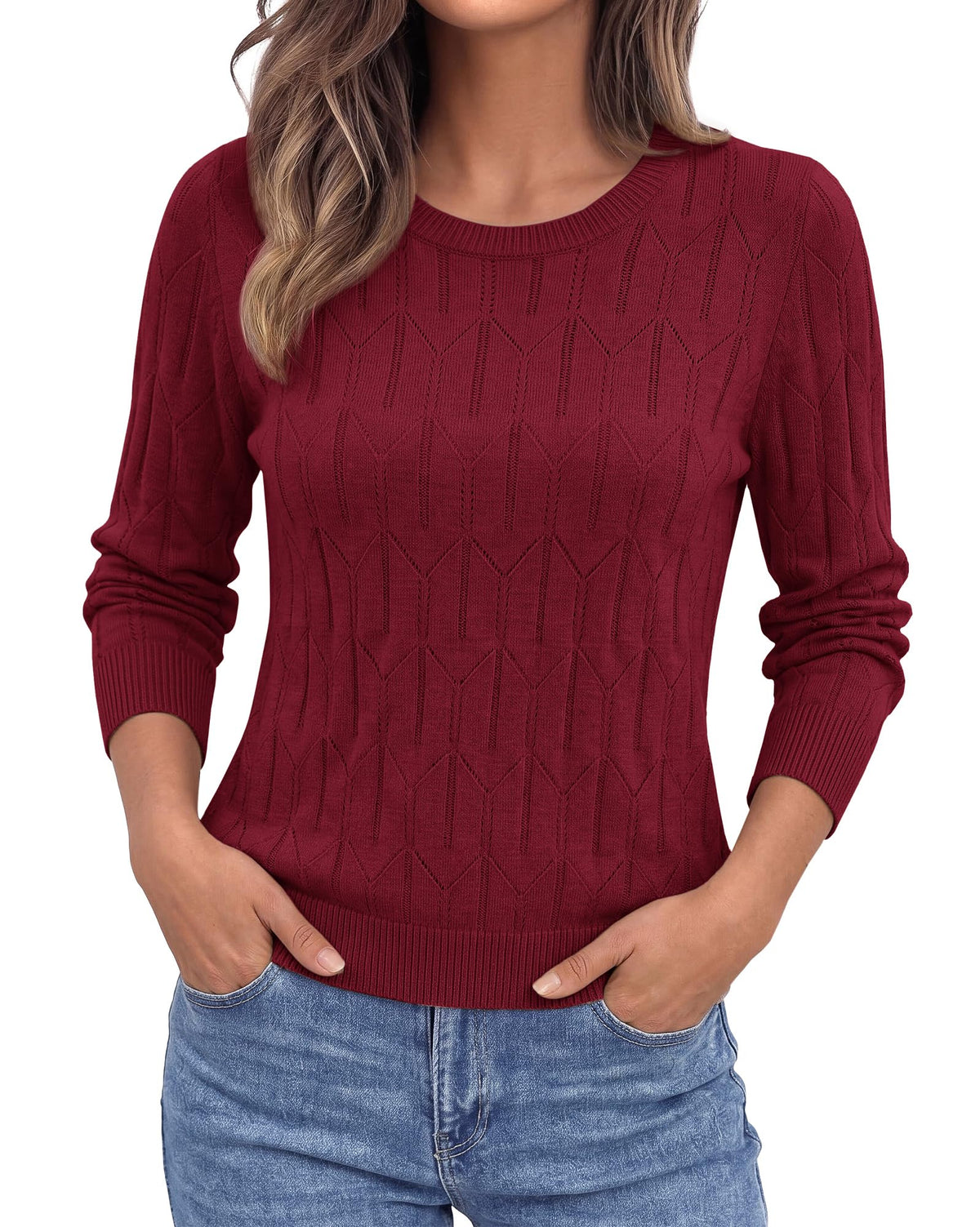 BTFBM Womens Sweaters Long Sleeve Crewneck Pullover Tops Dressy Casual Lightweight Knit Sweater,Small Hollow Out Boho Shirts, Fall Fashion,Winter Layer Basic Clothes,Business Casual Outfits