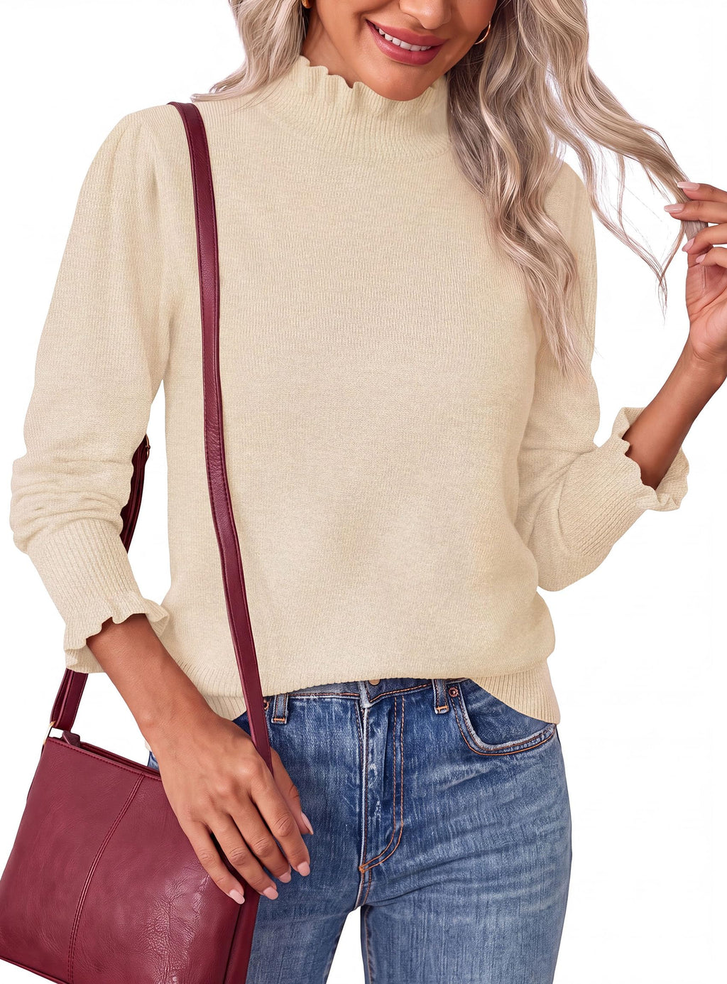PRETTYGARDEN Women's Fall Cozy Sweaters Trendy Ruffle Mock Neck Pullover Soft Stretchy Warm, Ribbed Knit, Cute Tops, Puff Long Sleeve Blouses, Dressy Casual Shirts,Winter Clothing