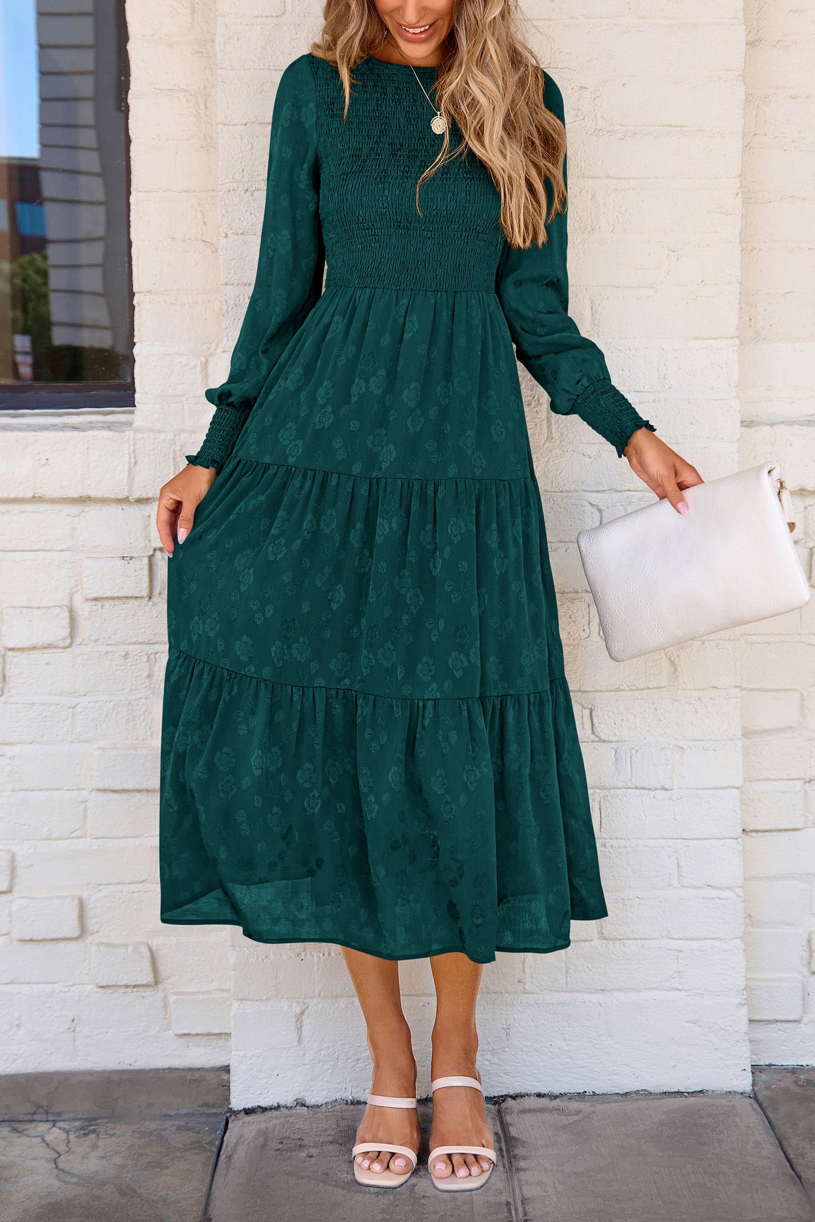 PRETTYGARDEN Women's Fall Spring Midi Dress Long Sleeve Floral Smocked Elegant Wedding Guest Long Flowy Dresses with Pockets