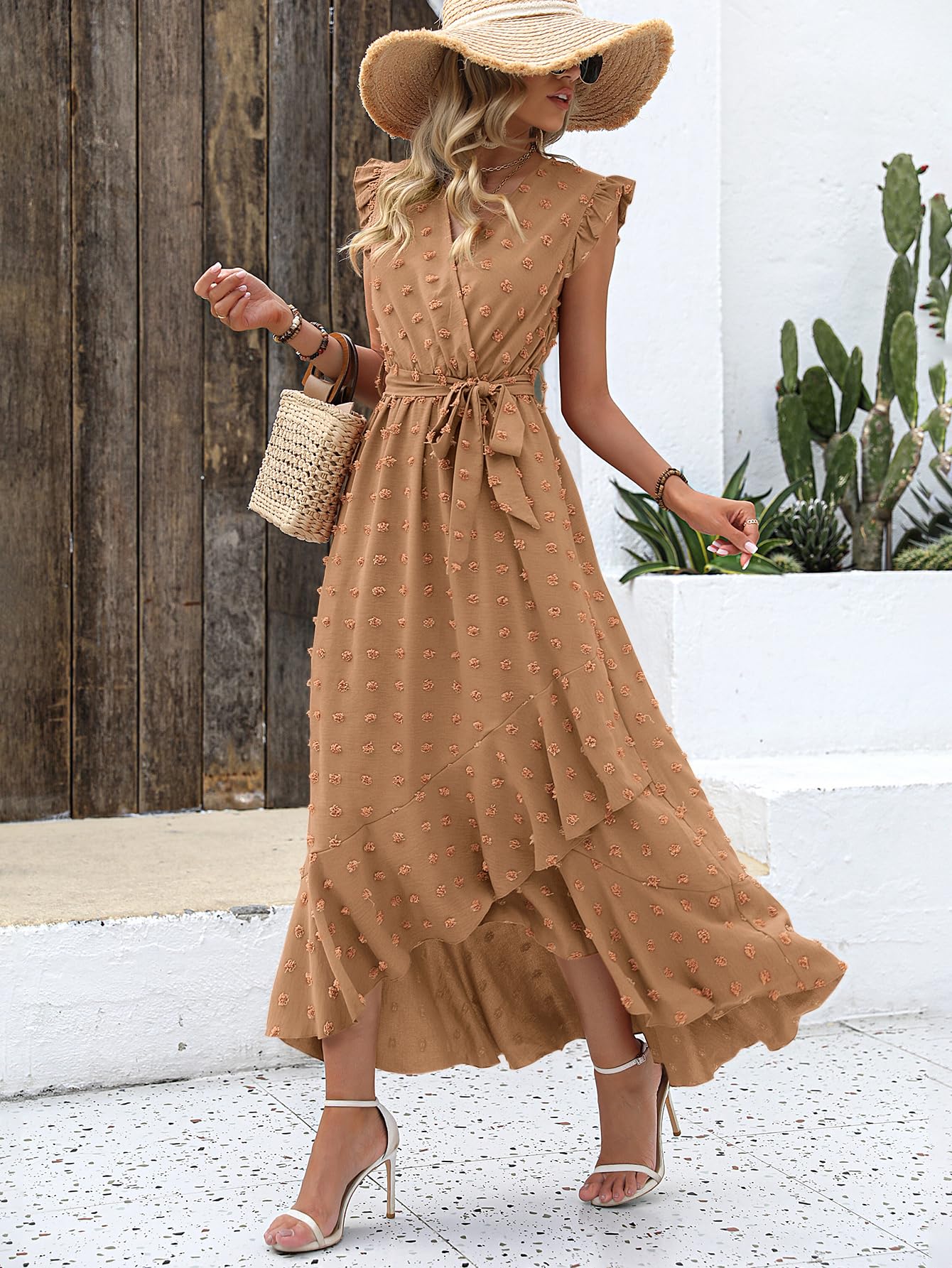 BTFBM Boho Dresses for Women Spring Fashion Cap Sleeve Swiss Dot Flowy Ruffle Beach Wedding Cocktail Maxi Dress