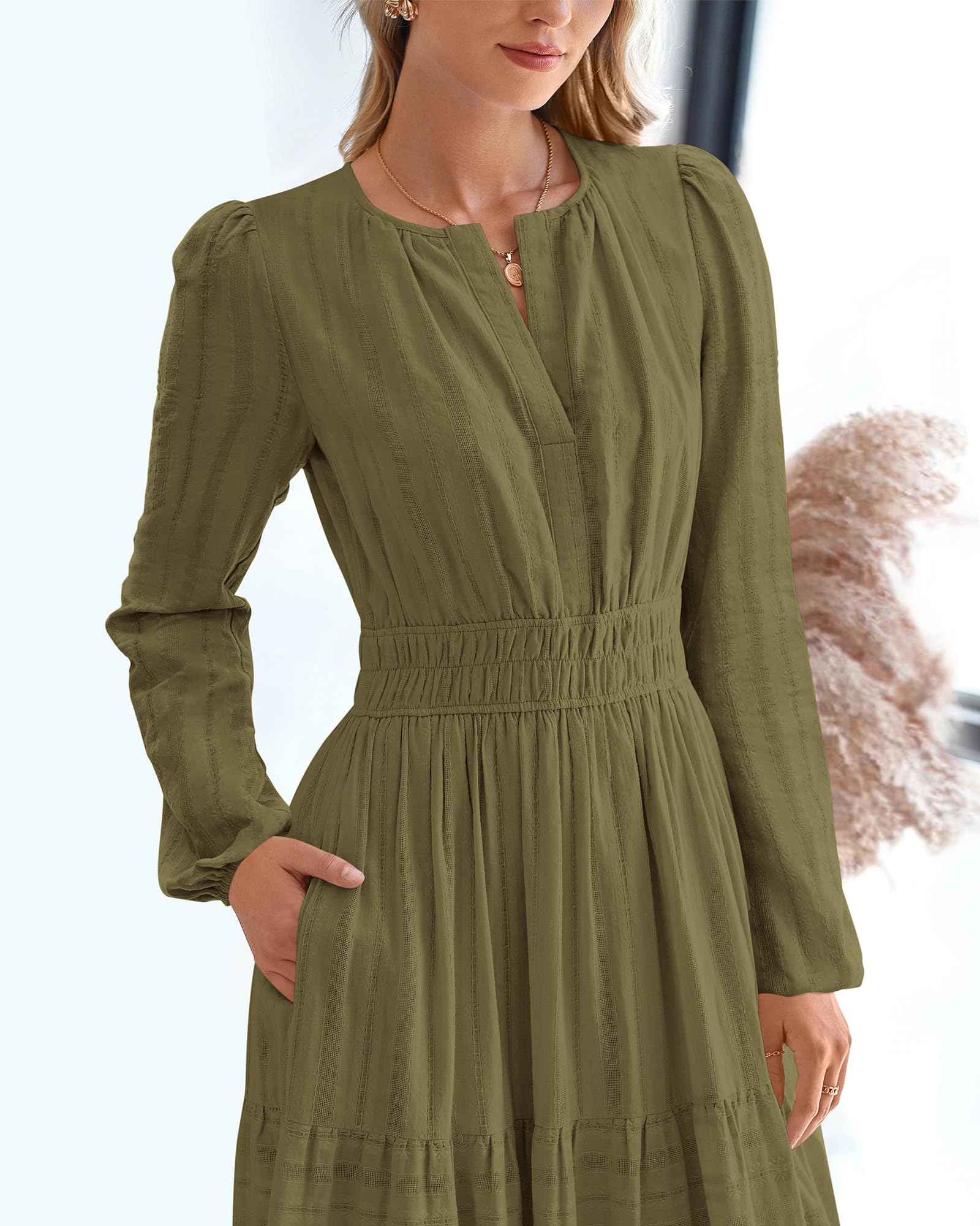 BTFBM Spring Dresses for Women 2026 Casual Long Sleeve V Neck Elastic Waist Lightweight Maxi Wedding Guest Dress Pockets