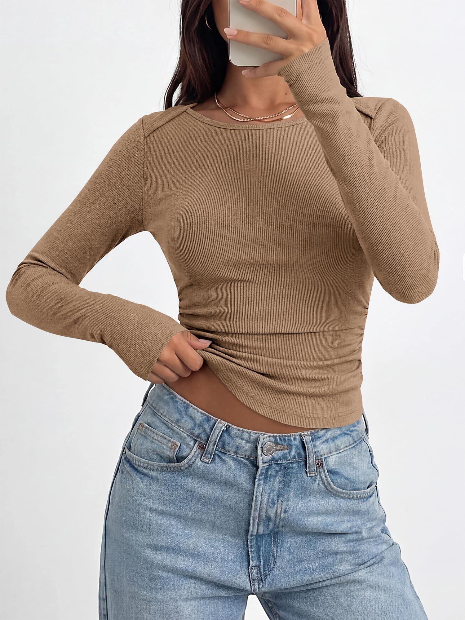BTFBM Womens Long Sleeve T Shirts Spring Clothes Ribbed Slim Fit Boat Neck Casual Going Out Tops Workout Outfits