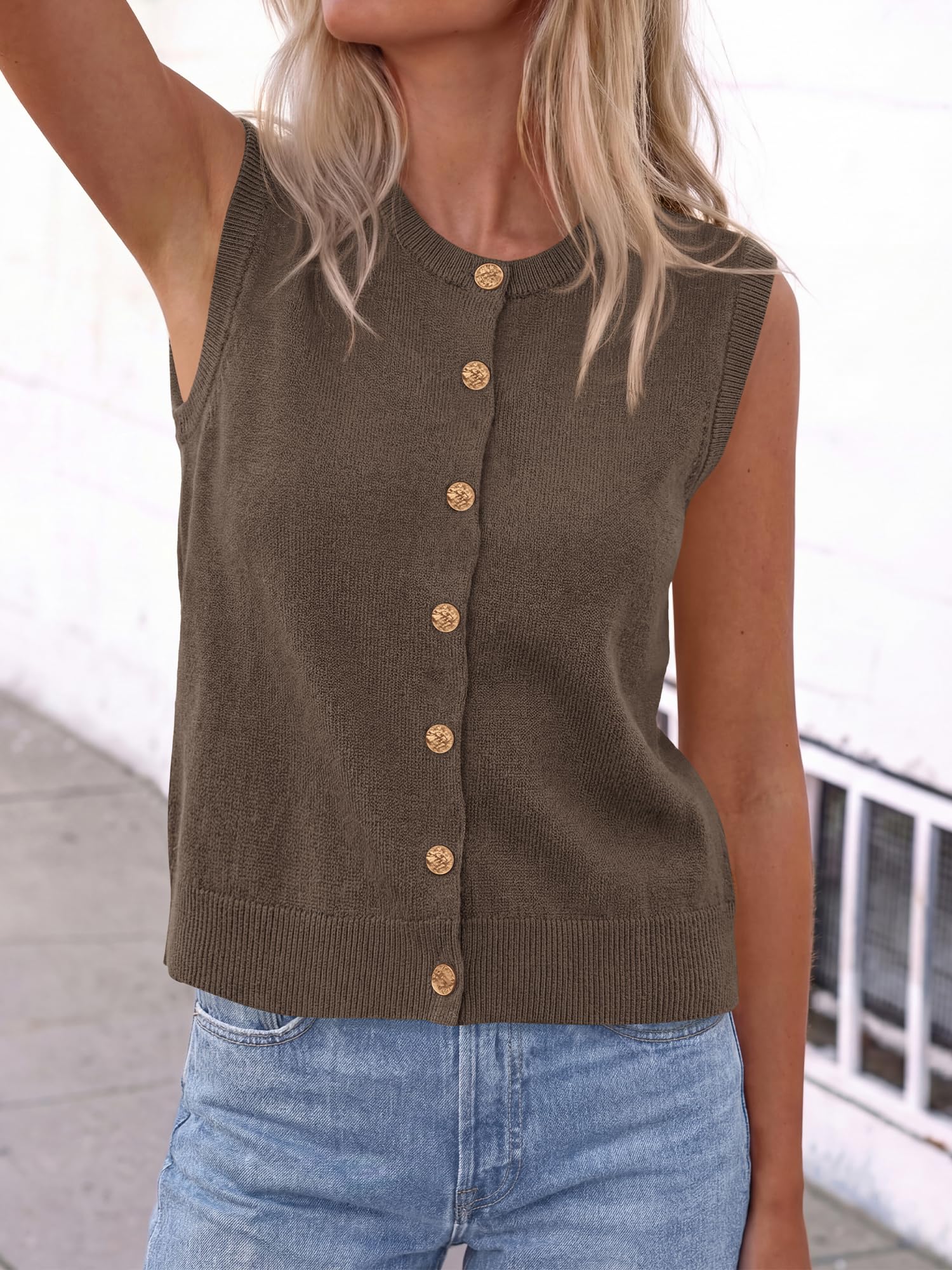 BTFBM Sweater Vest Women Casual Crewneck Loose Button Down Knit Sleeveless Cardigan Spring Clothes Summer Vest Tops
