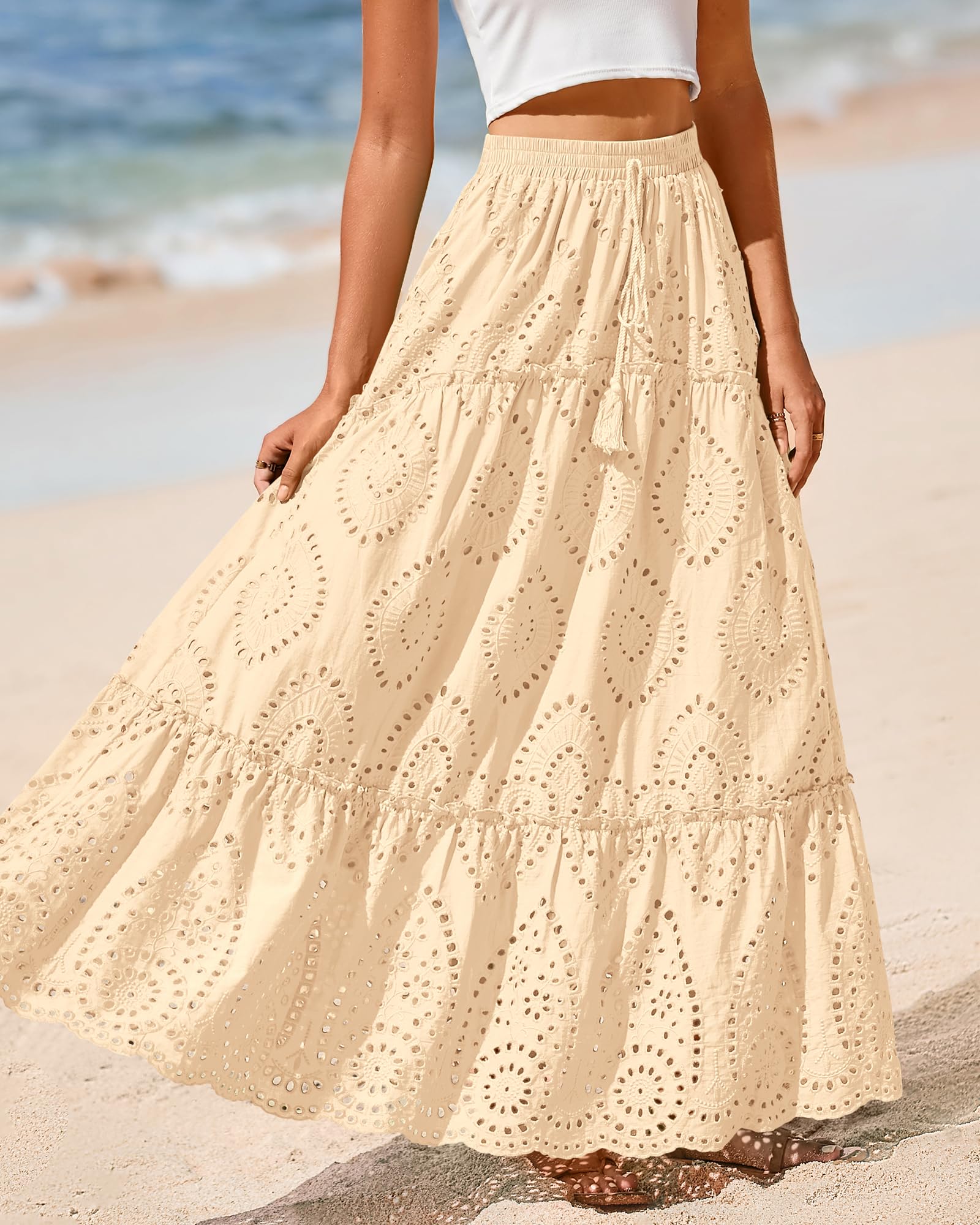 BTFBM Long Skirts for Women Summer Boho Lace Embroidery High Waist Flowy Tiered Spring Maxi Skirt Beach Vacation