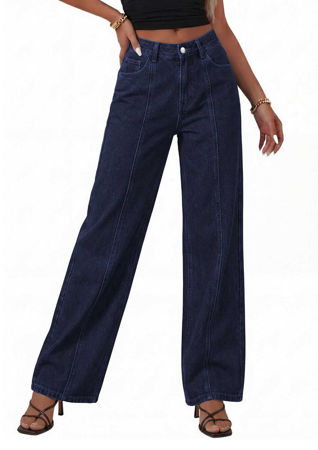 PRETTYGARDEN Women's Wide Leg Jeans High Waisted Stretchy Baggy Seamed Front Denim Palazzo Pants Summer Fashion Clothes