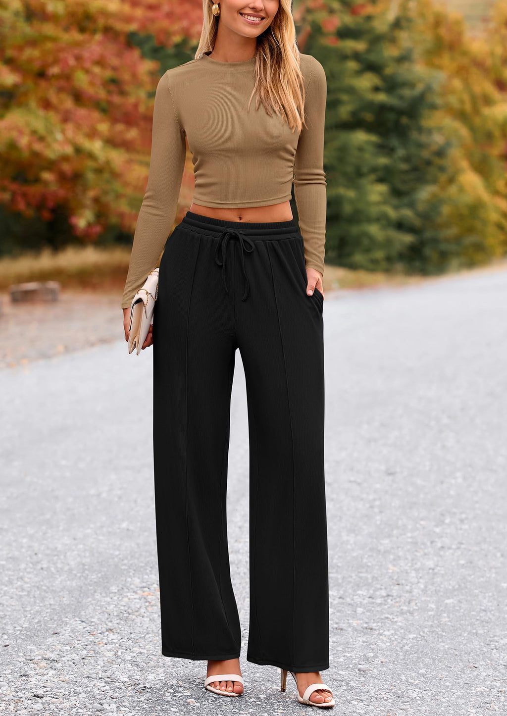 PRETTYGARDEN Women's 2 Piece Loungewear Long Sleeve Crop Top Wide Leg Palazzo Pants Set Tracksuits Casual Outfit