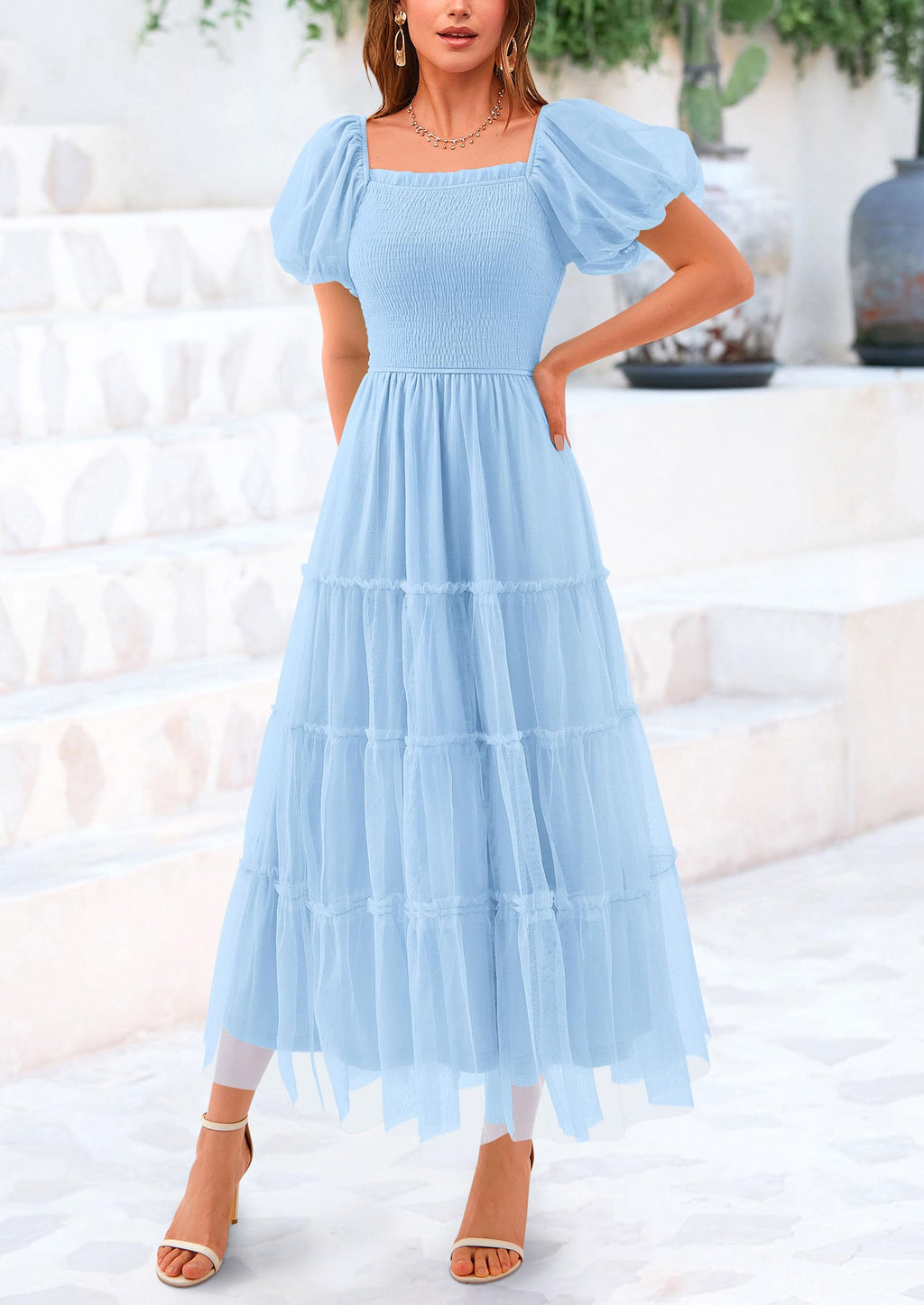 PRETTYGARDEN Women's Smocked Midi Tulle Dress  Summer Puffy Short Sleeve Square Neck Ruffle Wedding Guest Party Dresses