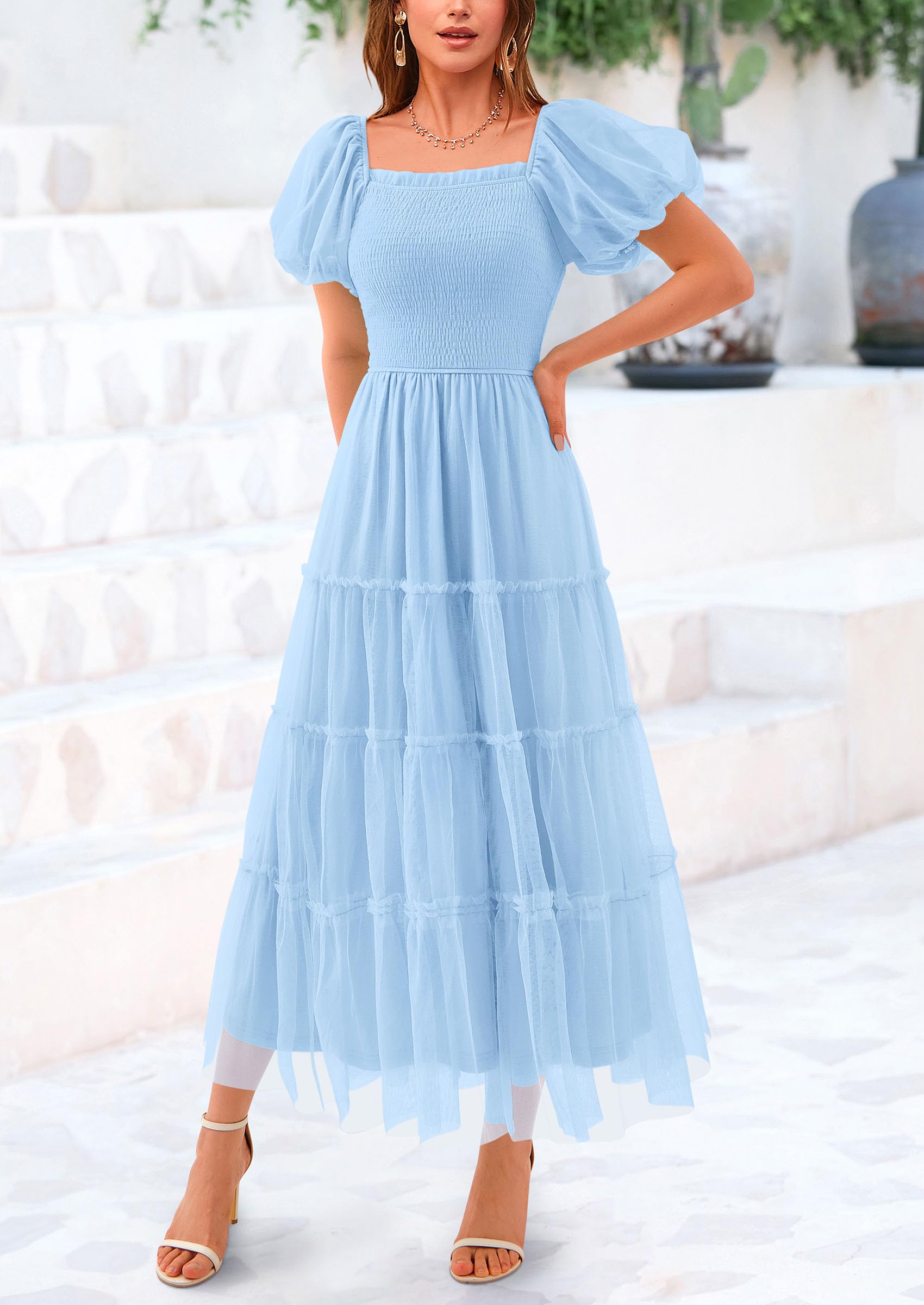 PRETTYGARDEN Women's Smocked Midi Tulle Dress  Summer Puffy Short Sleeve Square Neck Ruffle Wedding Guest Party Dresses