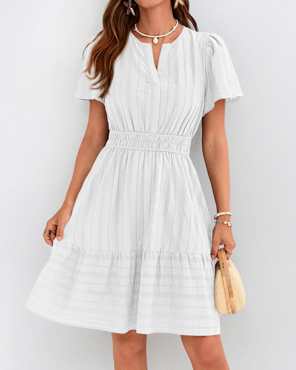 BTFBM Womens Spring  Casual Mini Dresses Lightweight Short Sleeve V Neck Elastic Waist Cute Boho Beach Dress Pockets