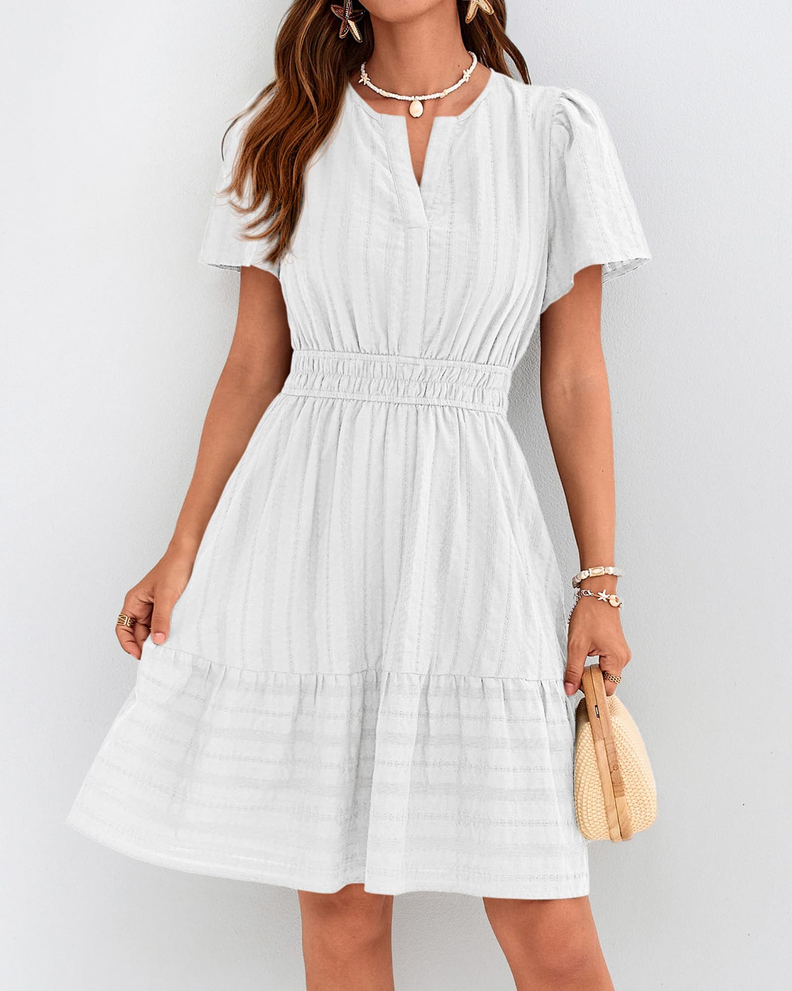 BTFBM Womens Spring  Casual Mini Dresses Lightweight Short Sleeve V Neck Elastic Waist Cute Boho Beach Dress Pockets