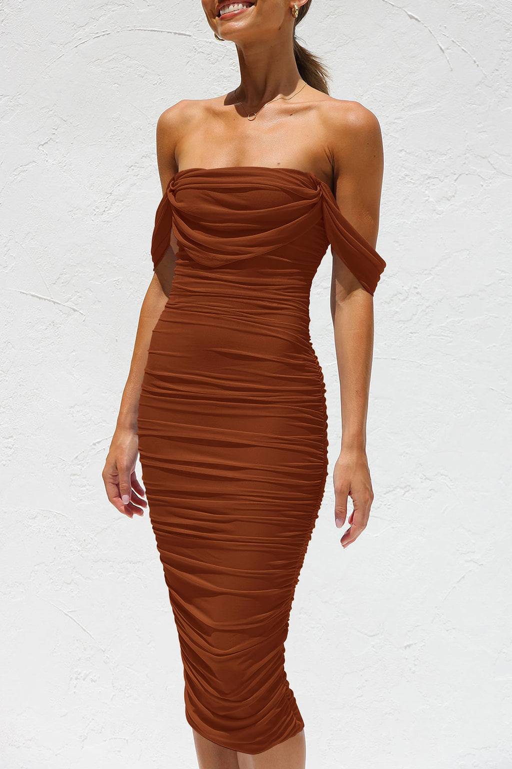 PRETTYGARDEN Summer Wedding Guest Dresses for Women  Off the Shoulder Ruched Bodycon Spring Midi Cocktail Party Dress