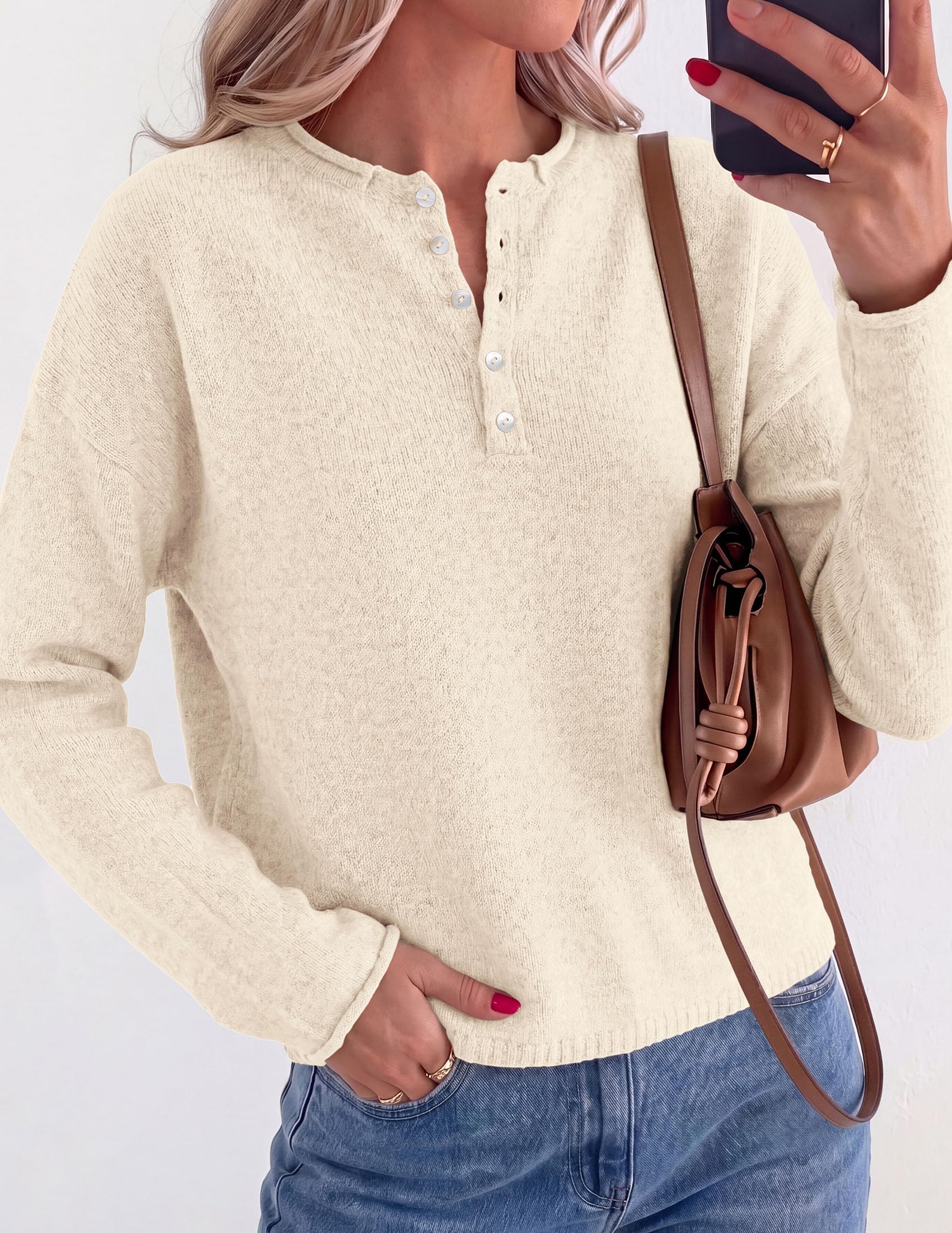PRETTYGARDEN Women's Fall Button Up Cozy Pullover Sweaters | Stretchy Soft Knit, Drop Shoulder Long Sleeve Tops, Henley Crewneck Rolled Edge, Dressy Casual Blouses, Trendy Winter Clothes