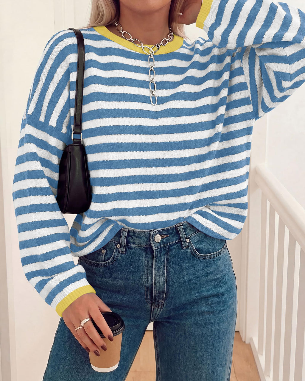 BTFBM Women's Lightweight Oversized Striped Sweater | Soft Knit Cozy Sweaters, Crew Neck Long Sleeve Pullover, y2k Color Block, Casual Holiday Outfits, Winter Fall Clothes