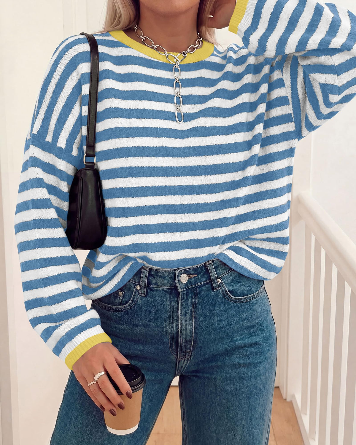BTFBM Women's Lightweight Oversized Striped Sweater | Soft Knit Cozy Sweaters, Crew Neck Long Sleeve Pullover, y2k Color Block, Casual Holiday Outfits, Winter Fall Clothes