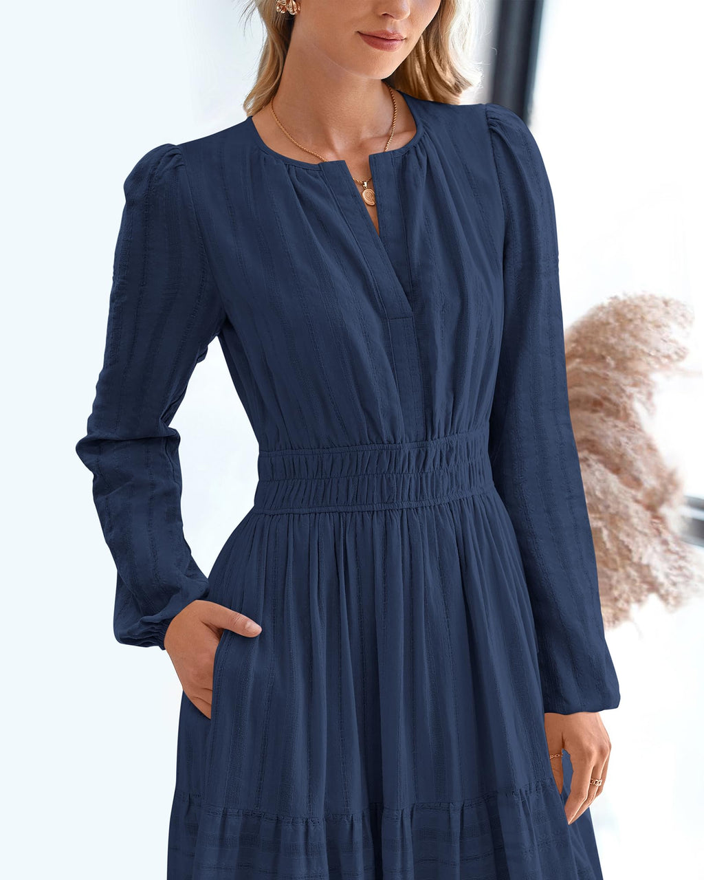 BTFBM Spring Dresses for Women 2026 Casual Long Sleeve V Neck Elastic Waist Lightweight Maxi Wedding Guest Dress Pockets