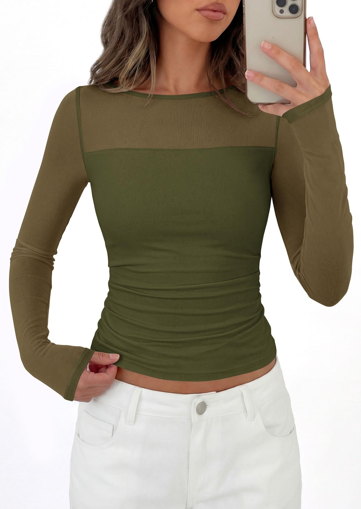 PRETTYGARDEN Women's Sheer Mesh Long Sleeve Going Out Tops | Comfy Stretchy Patchwork,Boat Neck,Ruched Slim Fitted,See Through,Trendy Shirts,Date Night Outfit,Early Fall Fashion Clothing