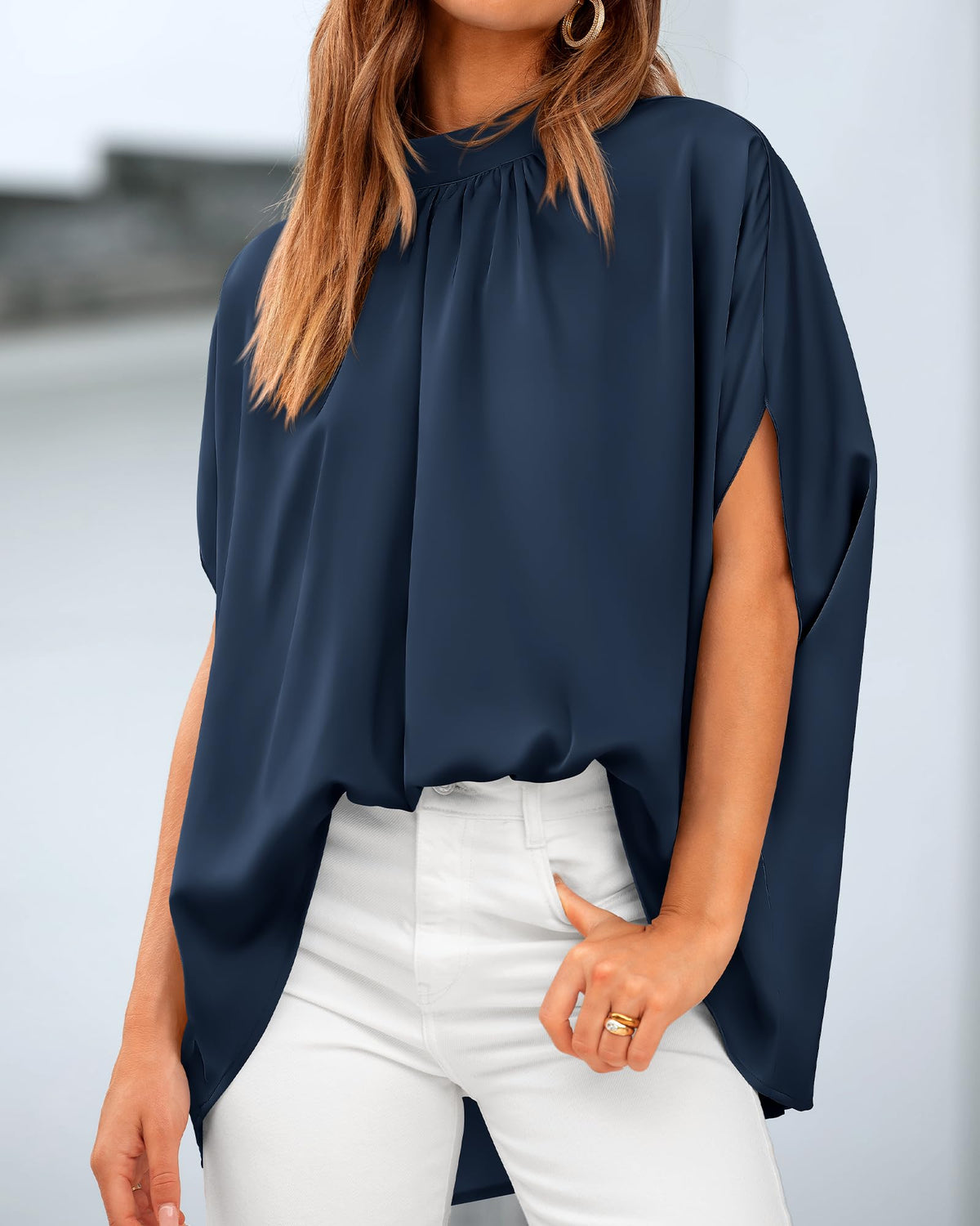 BTFBM Womens Summer Tops Mock Neck Batwing Sleeve Silk Satin Shirts Loose Oversized Dressy Casual Spring Blouses