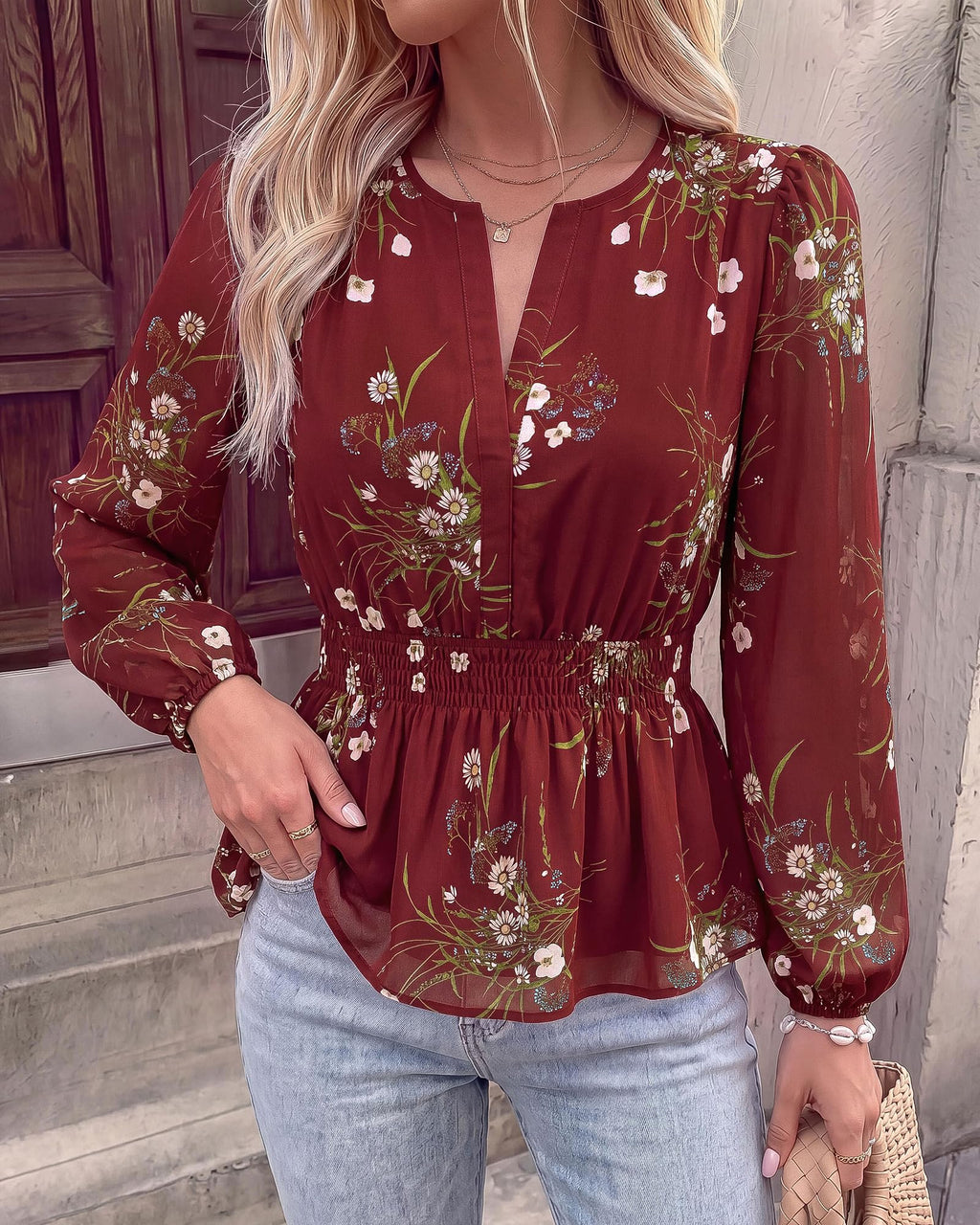 BTFBM Womens Tops Dressy Casual Floral V Neck Long Sleeve Chiffon Shirts | Chiffon Lantern Sleeve Flowy Peplum Sheer Top,Elastic Waist Babydoll Blouses,Boho Vacation Outfits,Fall Fashion Clothing