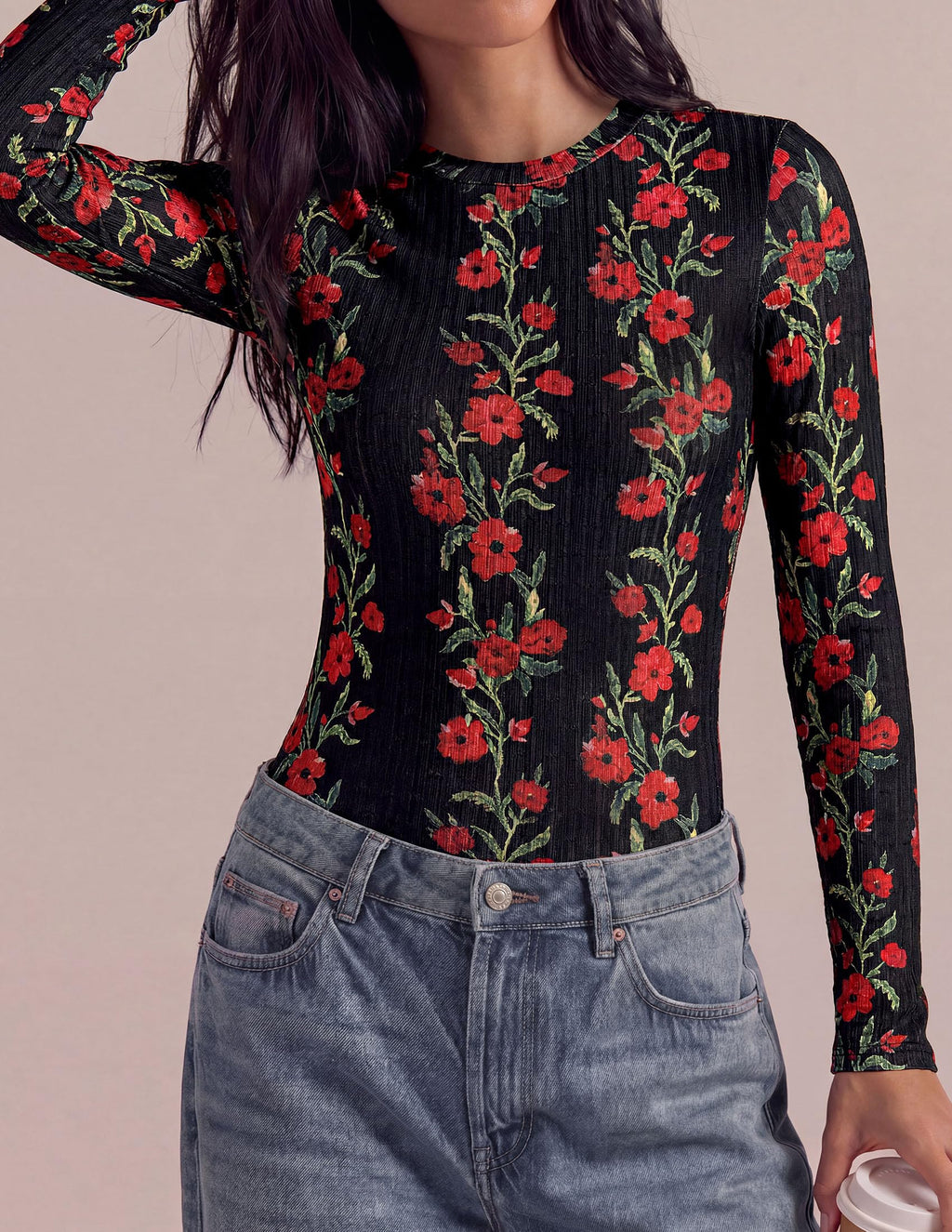 PRETTYGARDEN Womens Long Sleeve Shirts Floral Y2K Tops Soft Lightweight Ribbed Knit Top,Fitted Waist,Crew Neck Slim Fit,Going Out Vacation Outfits,Layering Fall Winter Clothes