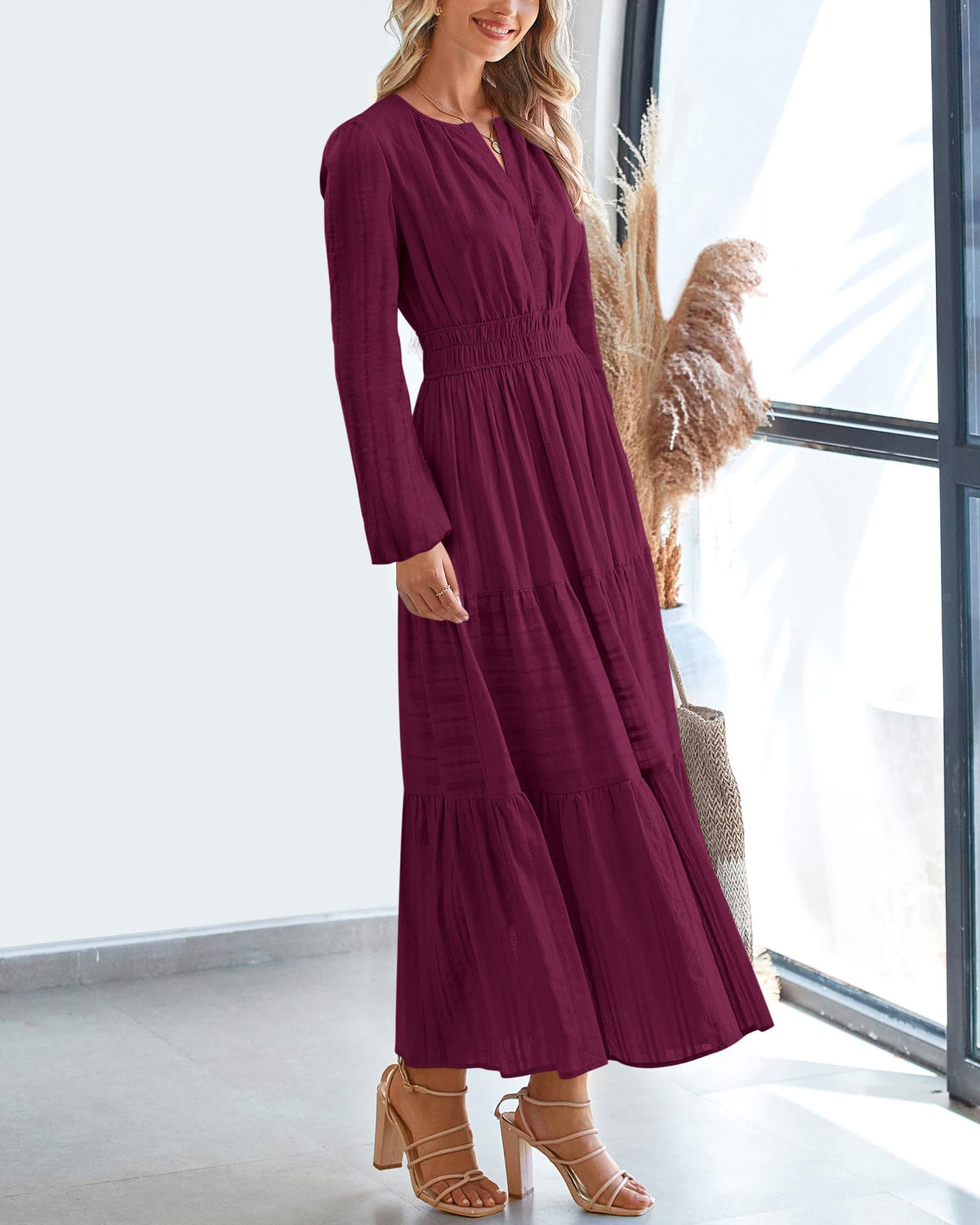 BTFBM Spring Dresses for Women 2026 Casual Long Sleeve V Neck Elastic Waist Lightweight Maxi Wedding Guest Dress Pockets