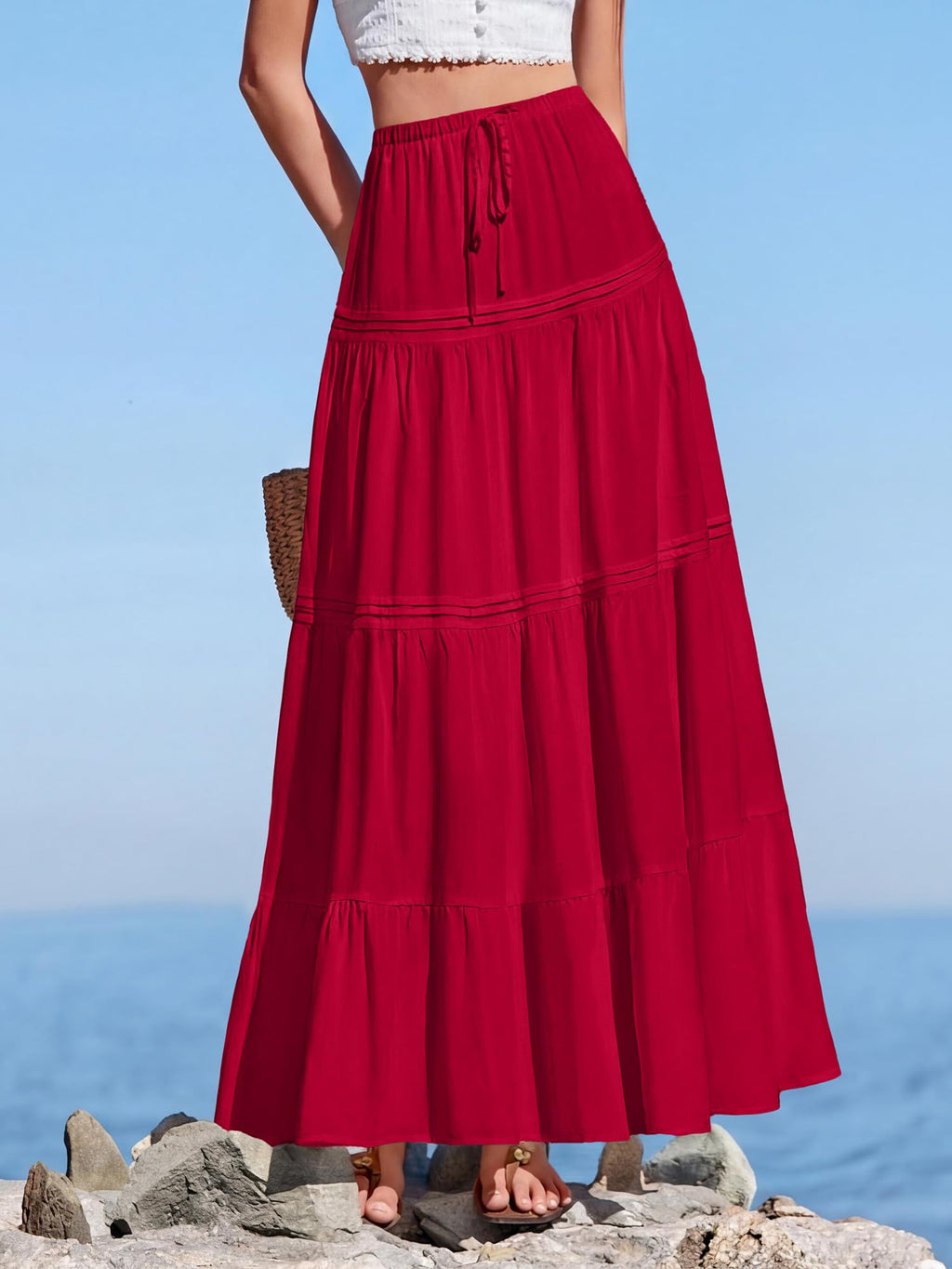 BTFBM Spring Skirts for Women Summer Boho Beach Vacation Clothes Casual Pleated High Waisted Flowy Maxi Skirt