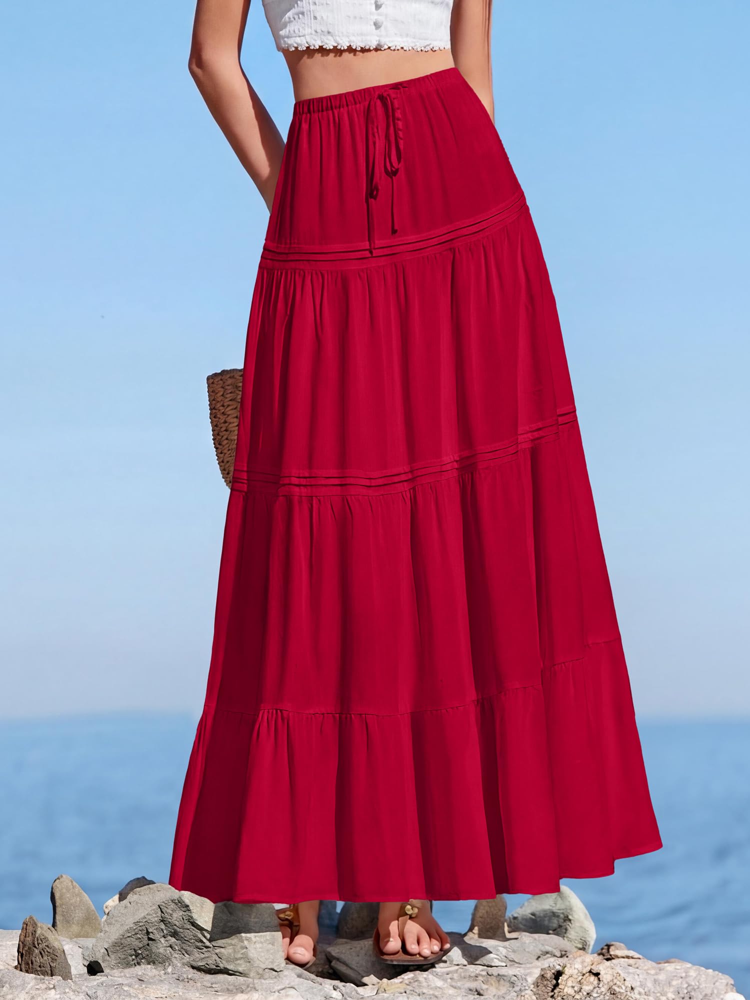 BTFBM Spring Skirts for Women Summer Boho Beach Vacation Clothes Casual Pleated High Waisted Flowy Maxi Skirt