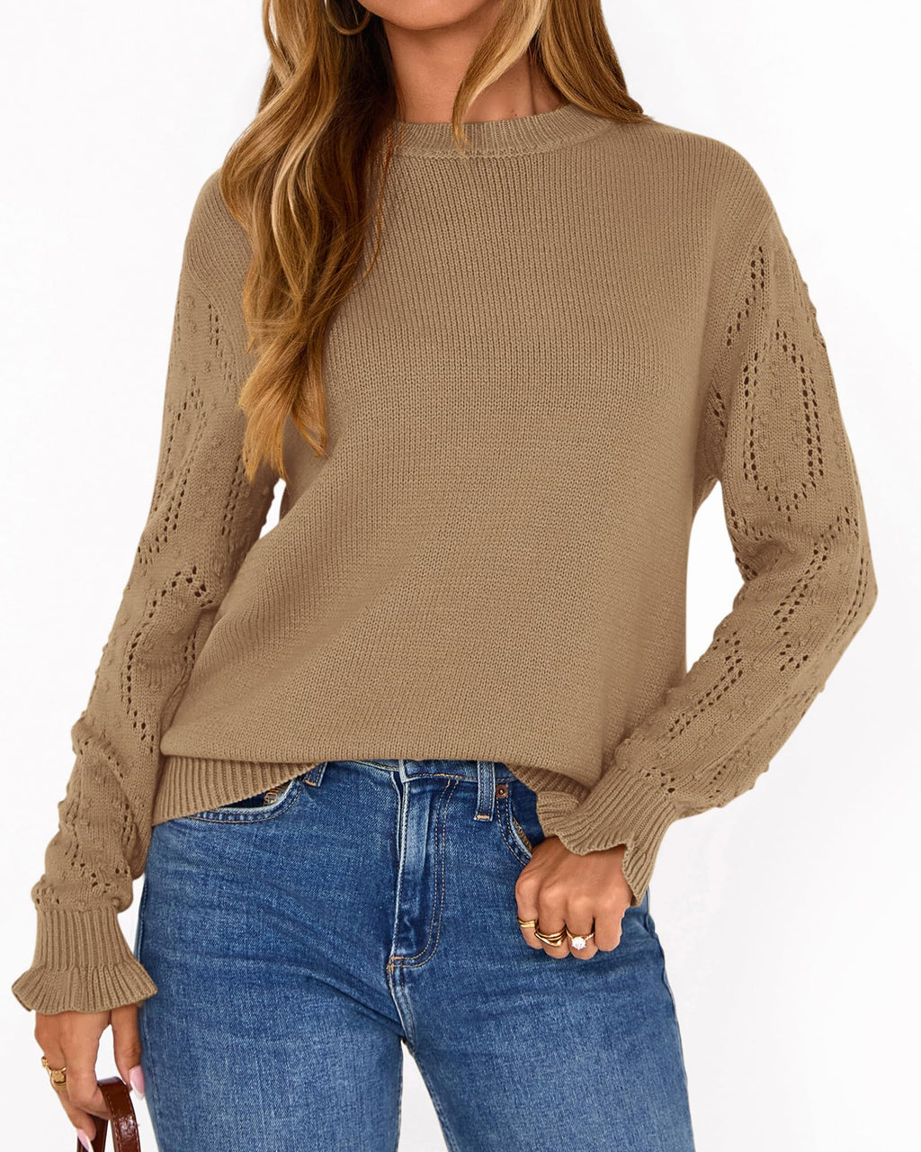 BTFBM Fall Sweaters for Women Crew Neck Long Sleeve Hollow Out Swiss Dot Knit Casual Pullover Tops Fashion Clothing
