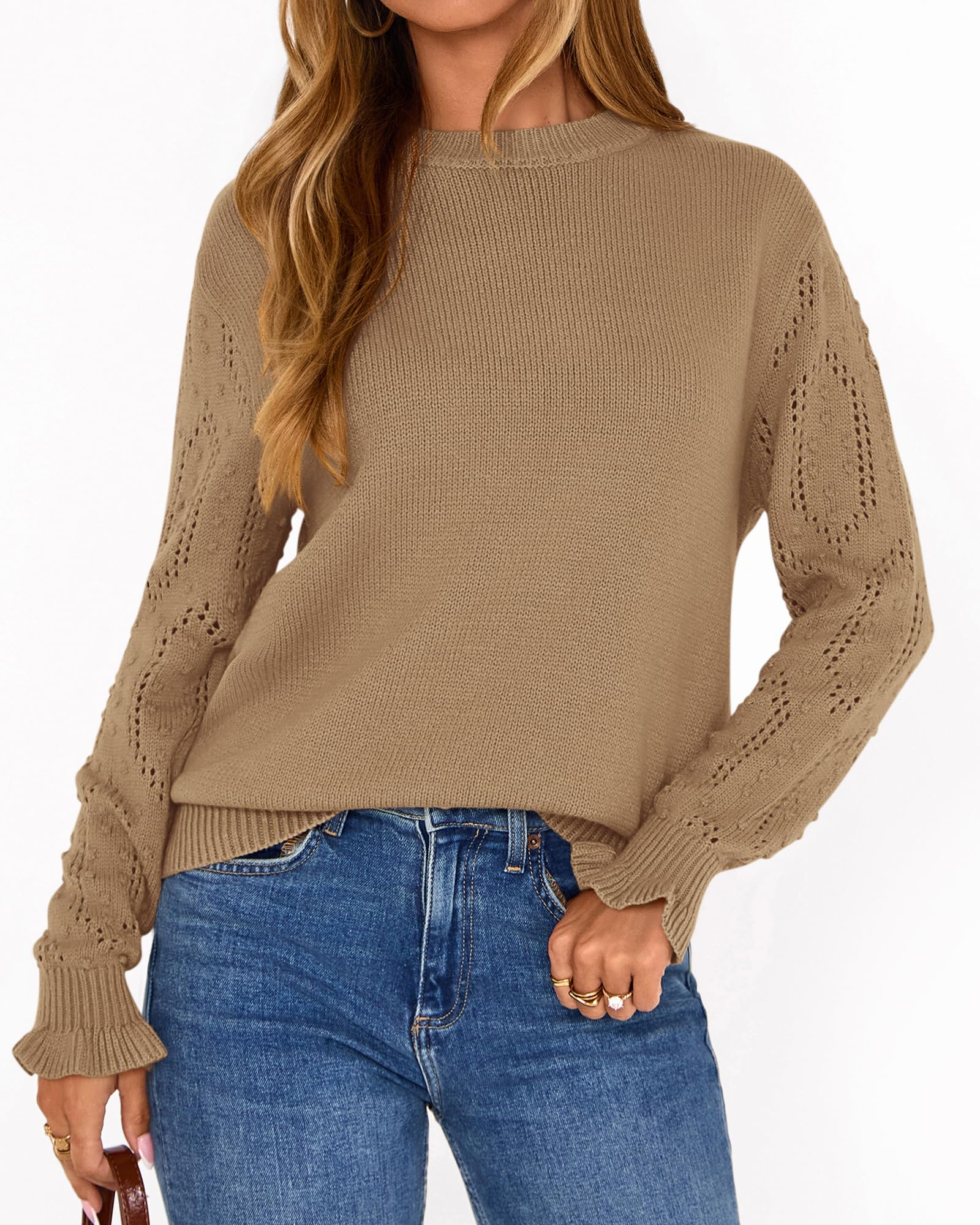 BTFBM Fall Sweaters for Women Crew Neck Long Sleeve Hollow Out Swiss Dot Knit Casual Pullover Tops Fashion Clothing
