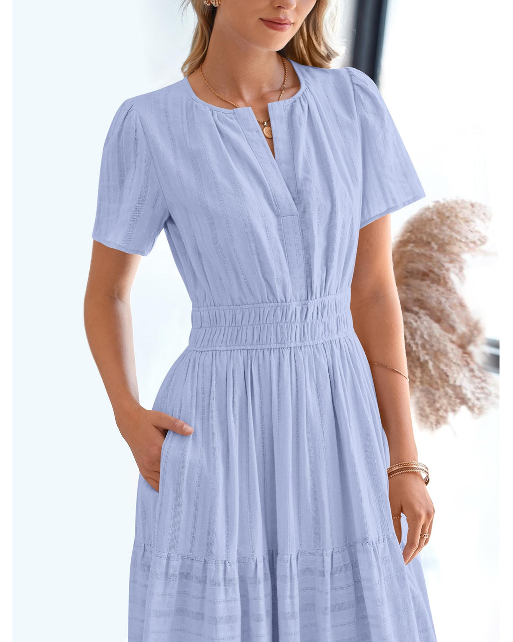 FreshPretty Womens Summer Casual Midi Maxi Dresses Lightweight Short Sleeve V Neck Elastic Waist Boho Beach Dress Pockets