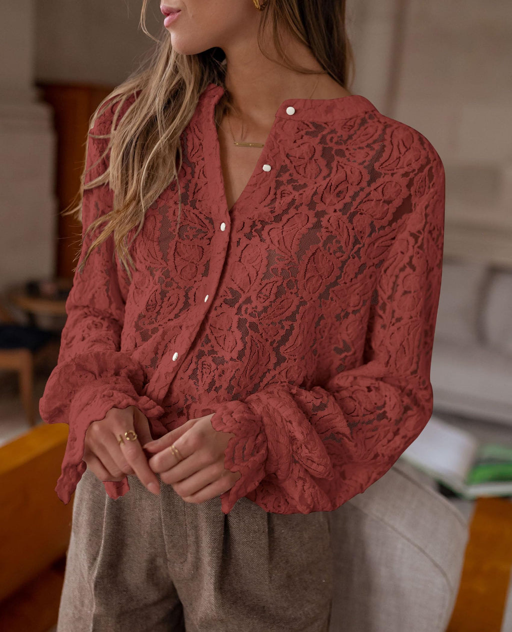 PRETTYGARDEN Women's Dressy Casual Lace Blouse Long Sleeve Button Up Shirts Tops Spring Fall Fashion Clothes