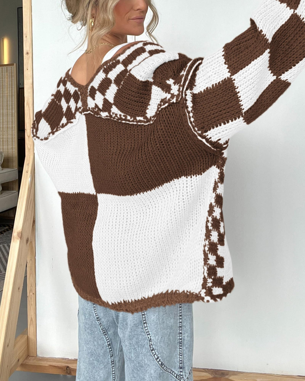 BTFBM Casual Cardigan Sweater for Women Fall Long Sleeve Sweaters Fall Outfits, Loose Fit,Solid,Open Front Chunky Knit Sweaters,Chunky Cardigan Sweaters For Women,Checkered Outwear Coat