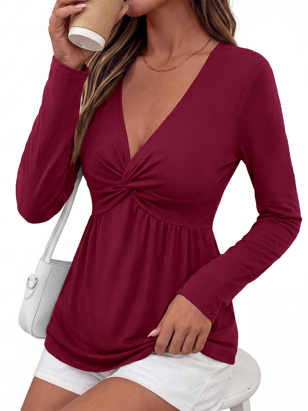 BTFBM Babydoll Tops for Women Fall Clothes Long Sleeve Shirts Peplum Top Twist Front Empire Waist V Neck Shirts, Fashion Clothing, Dressy Casual Blouses, Daily Wear Going Out Date Night Outfits