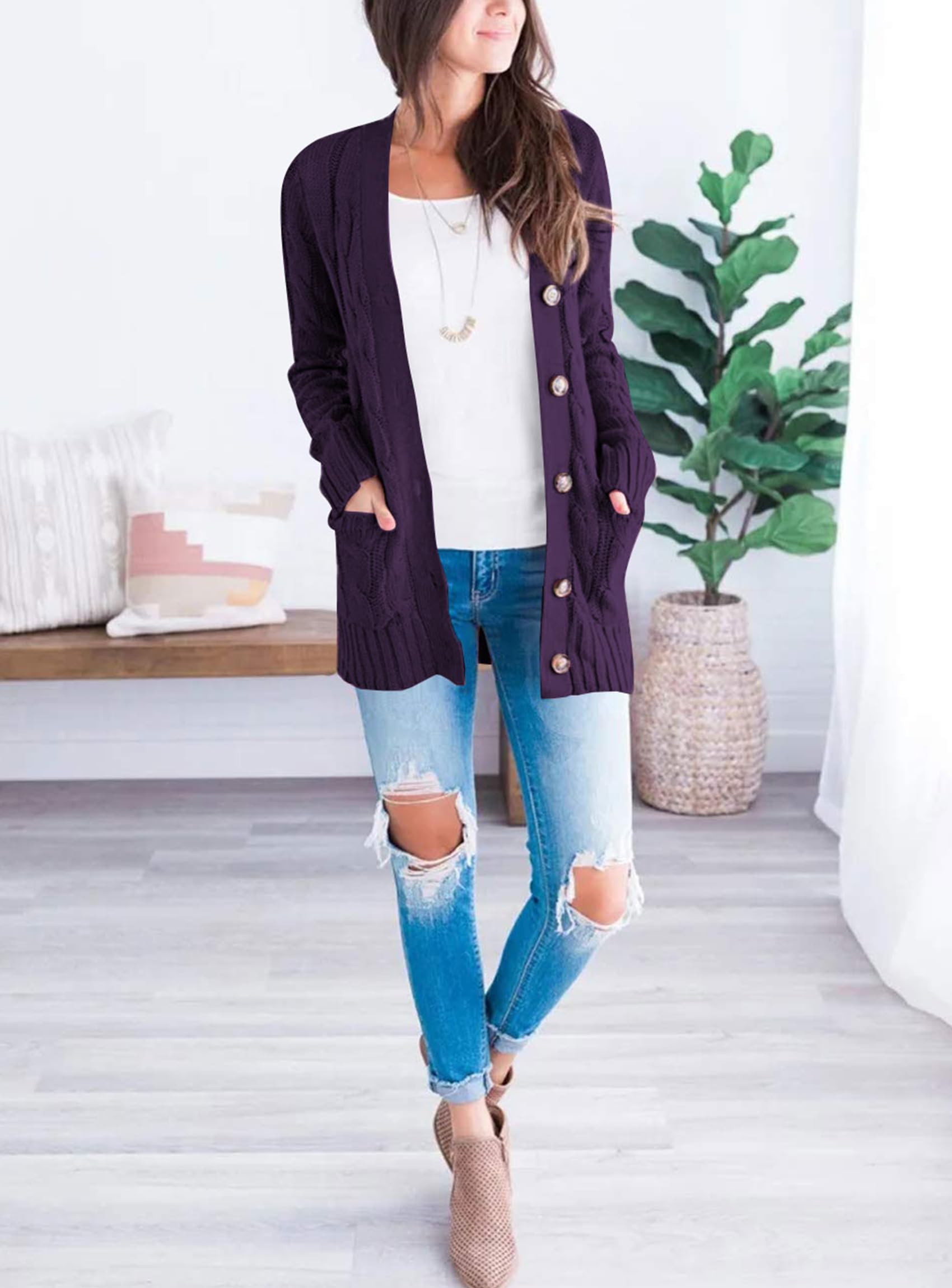 PRETTYGARDEN Women's Open Front Cardigan Sweaters Fall Fashion Button Down Cable Knit Chunky Winter Clothing Outerwear Coats