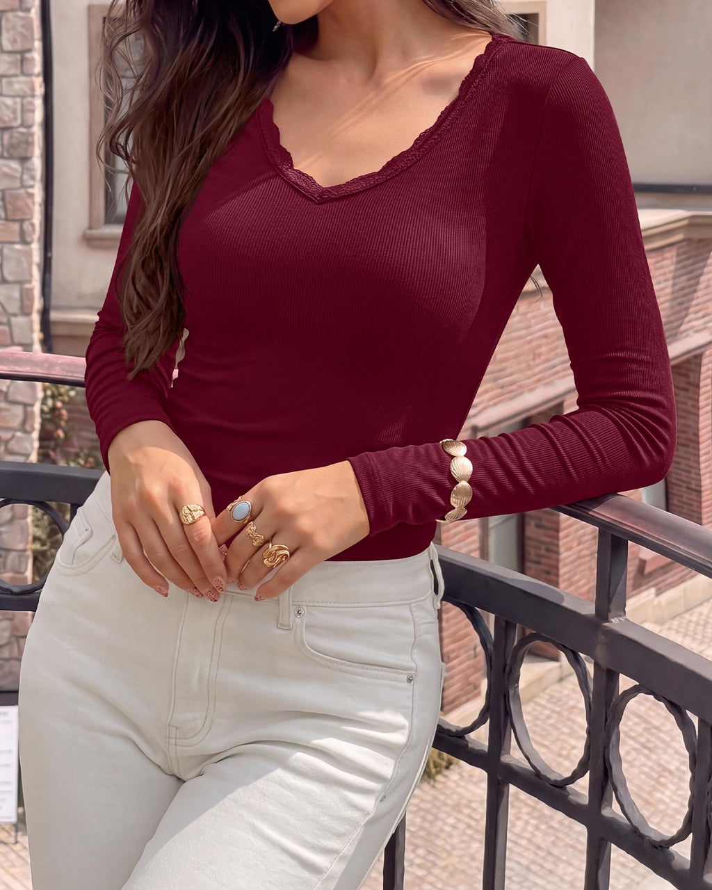 BTFBM Lace Deep V Neck Fitted Long Sleeve Shirts for Women | Womens Fall Fashion, Casual T Shirt, Base Layer, Basic Undershirts, Slim Fit Going Out Tops, Date Night Out Outfits