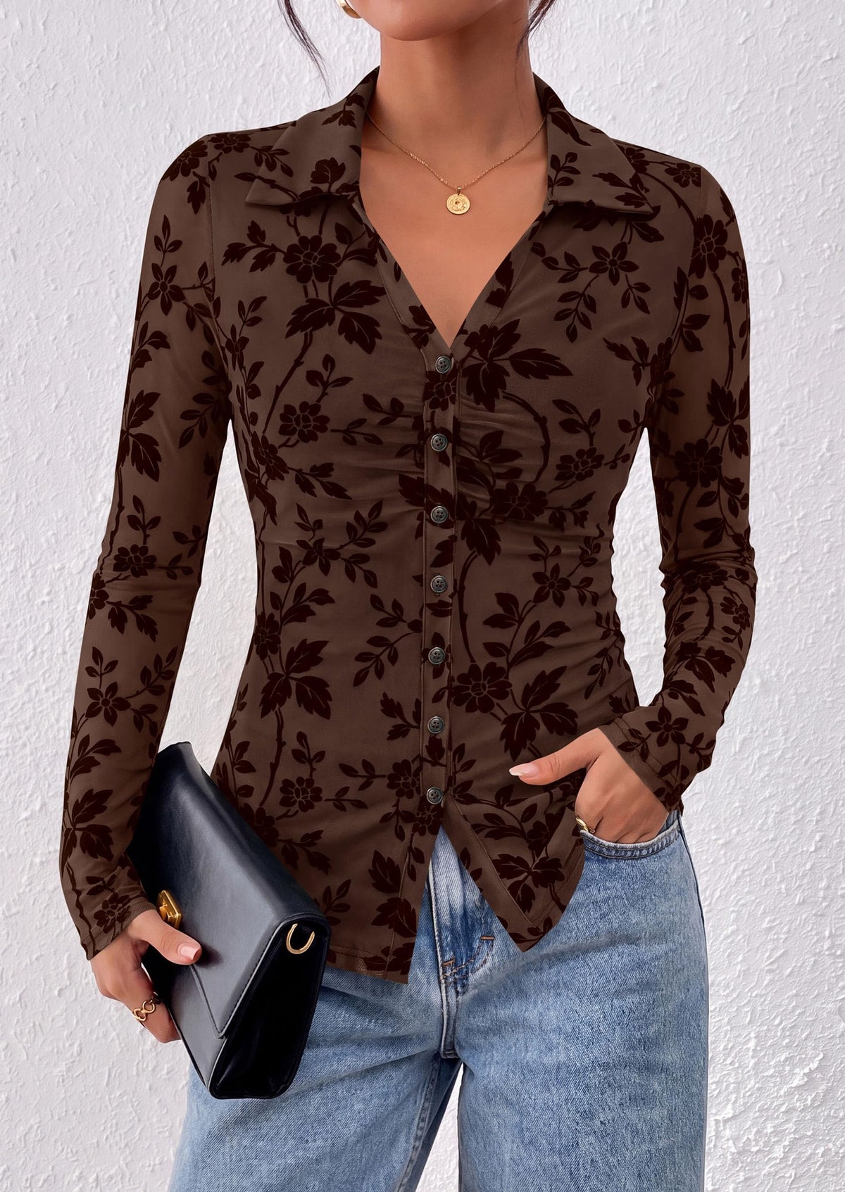 PRETTYGARDEN Women's Long Sleeve Floral Mesh Boho Tops Button Down Shirts Fall Blouses Dressy, Ruched Slim Fit, Collared V Neck, Trendy Going Out Date Night Outfit, Elegant Casual Work Office Clothes
