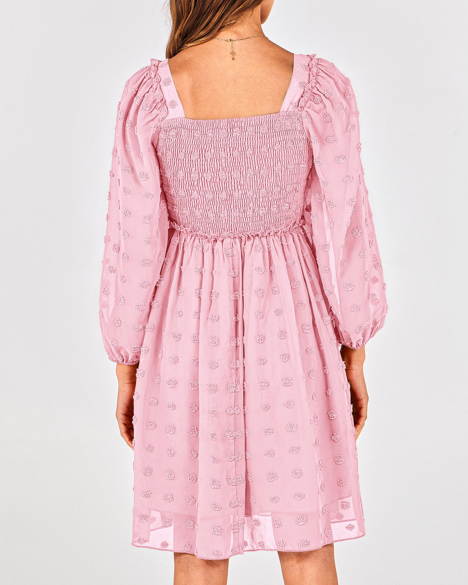 BTFBM Womens Long Sleeve Dress Summer Vacation Square Neck Smocked Floral Mini Boho Spring Wedding Guest Dresses
