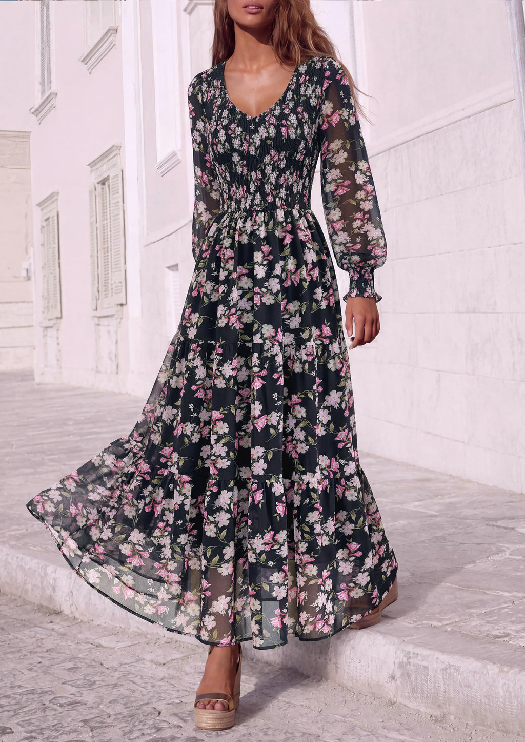 FreshPretty Womens Flroal Long Sleeve Dress Boho A Line Fall Maxi Dresses,Sheer Lantern Sleeve, Lined & Pockets, Smocked Front Back, High Waisted Flowy Long Dress, Tiered Fall Wedding Guest Dresses