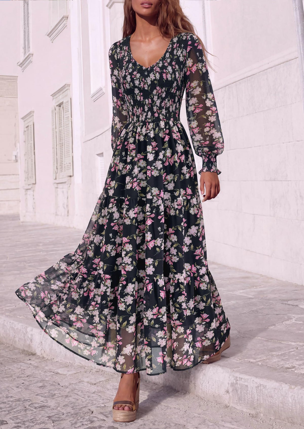 FreshPretty Womens Flroal Long Sleeve Dress Boho A Line Fall Maxi Dresses,Sheer Lantern Sleeve, Lined & Pockets, Smocked Front Back, High Waisted Flowy Long Dress, Tiered Fall Wedding Guest Dresses