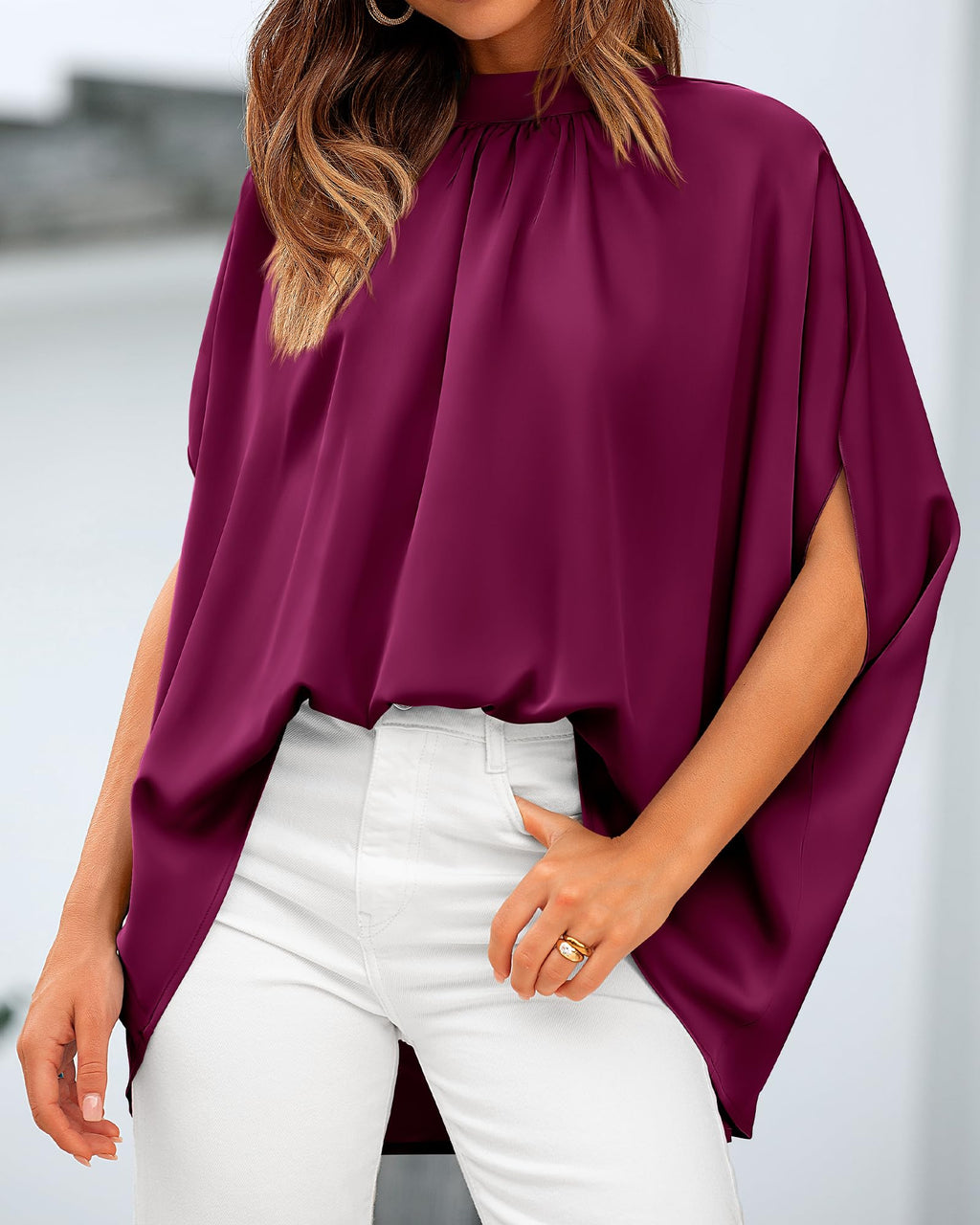 BTFBM Womens Summer Tops Mock Neck Batwing Sleeve Silk Satin Shirts Loose Oversized Dressy Casual Spring Blouses