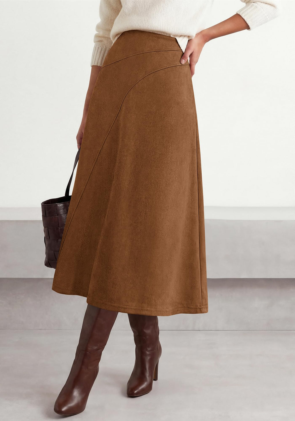 BTFBM Women Faux Suede Midi Long Skirt Fall Fashion | High Waisted Skirts For Women Trendy, Lightweight, Back Elastic, Arc Line Design, A-Line, Winter Dress, Boho Western Outfits
