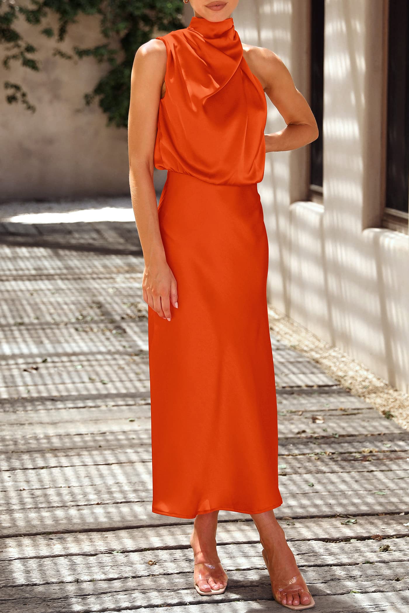PRETTYGARDEN Women's Summer Satin Dress Elegant Sleeveless Mock Neck Cocktail Party Maxi Dresses