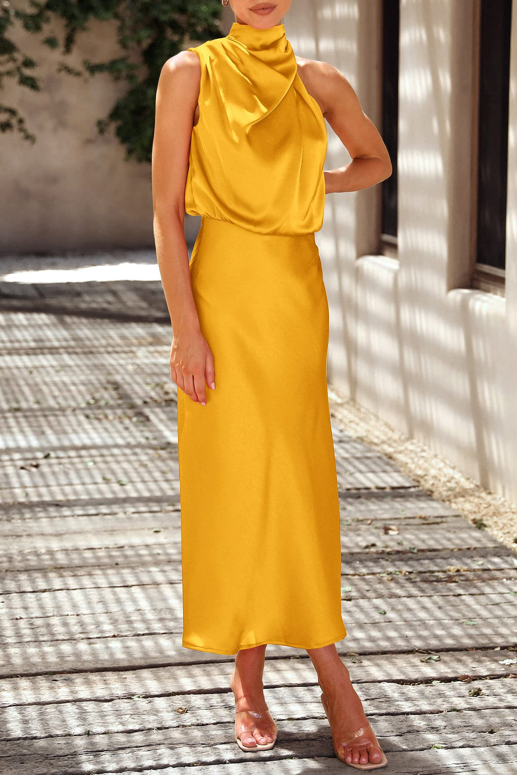 PRETTYGARDEN Women's Summer Satin Dress Elegant Sleeveless Mock Neck Cocktail Party Maxi Dresses