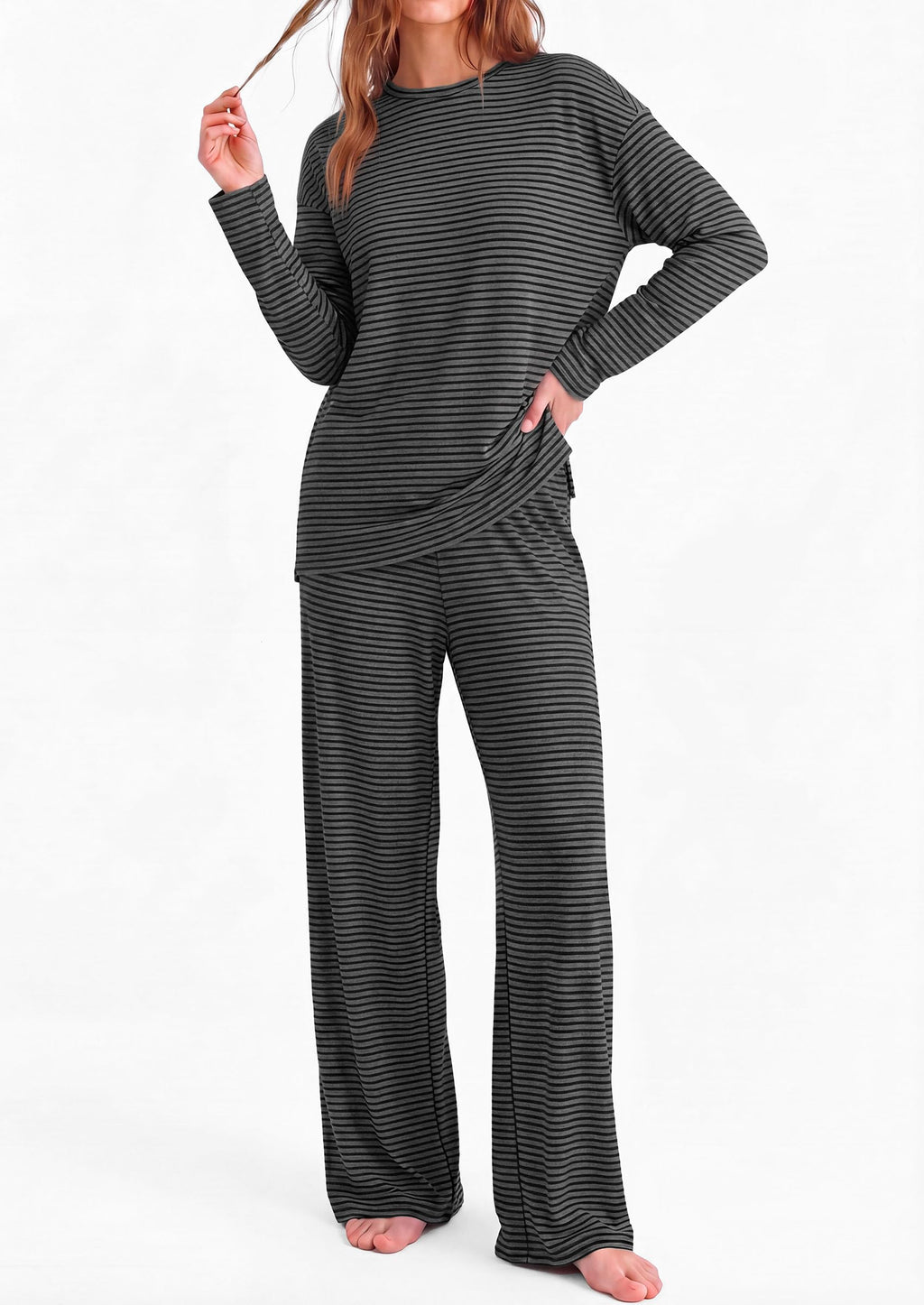 PRETTYGARDEN Womens Striped Lounge Set Fall Winter 2 Piece Sets Side Slit Long Sleeve T-Shirts & Wide Leg Pants, Matching Pajama Sets, Comfy Pj Set, Loungewear with Pockets, Fashion Clothes
