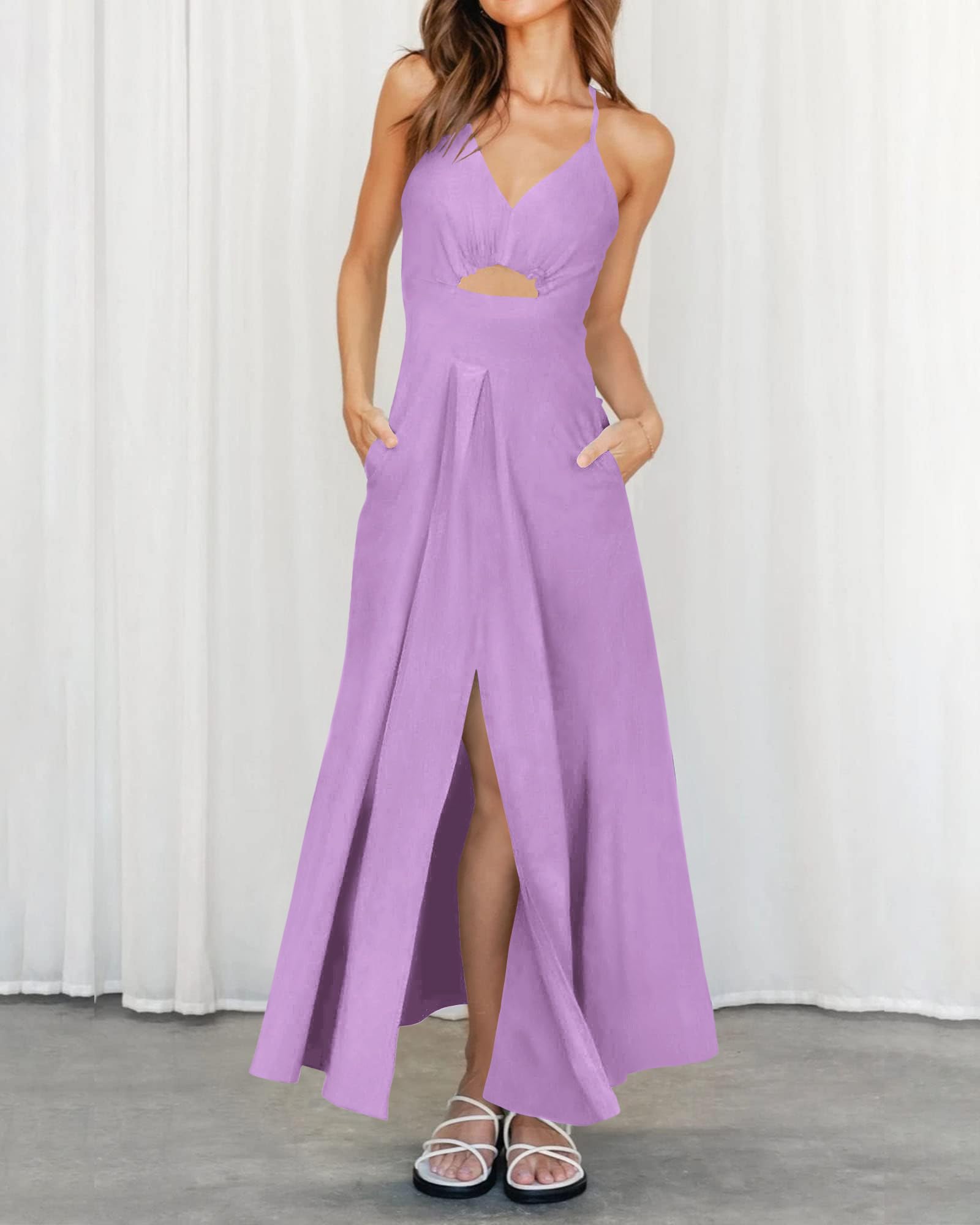 BTFBM Women Spaghetti Strap Midi Summer Dresses Sleeveless V Neck Cutout Slit Casual Beach Party Maxi Dress Pockets