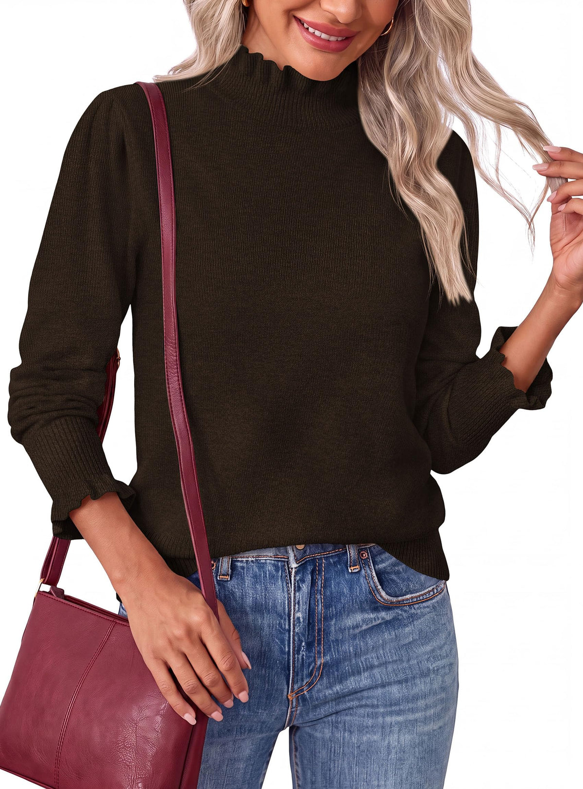 PRETTYGARDEN Women's Fall Cozy Sweaters Trendy Ruffle Mock Neck Pullover Soft Stretchy Warm, Ribbed Knit, Cute Tops, Puff Long Sleeve Blouses, Dressy Casual Shirts,Winter Clothing