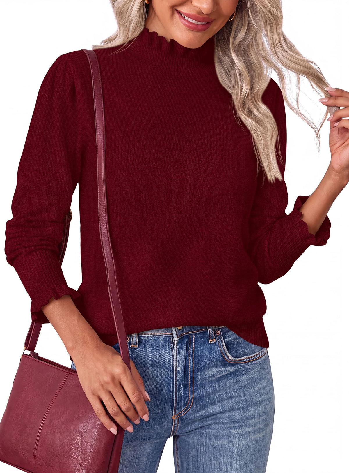 PRETTYGARDEN Women's Fall Cozy Sweaters Trendy Ruffle Mock Neck Pullover Soft Stretchy Warm, Ribbed Knit, Cute Tops, Puff Long Sleeve Blouses, Dressy Casual Shirts,Winter Clothing