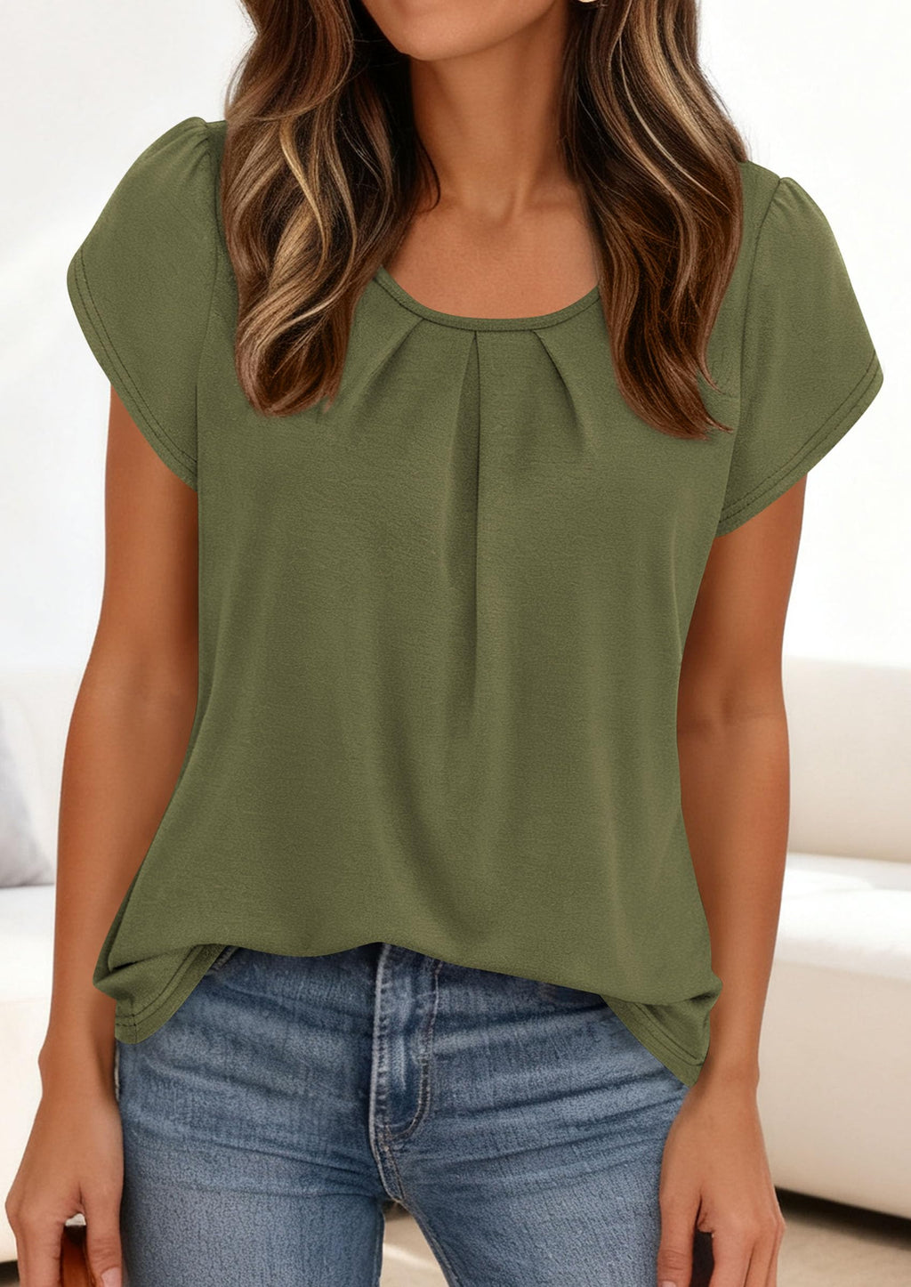 PRETTYGARDEN Womens Tops Dressy Casual Summer Short Sleeve Blouses Crew Neck Pleated Basic T Shirts Spring Clothes