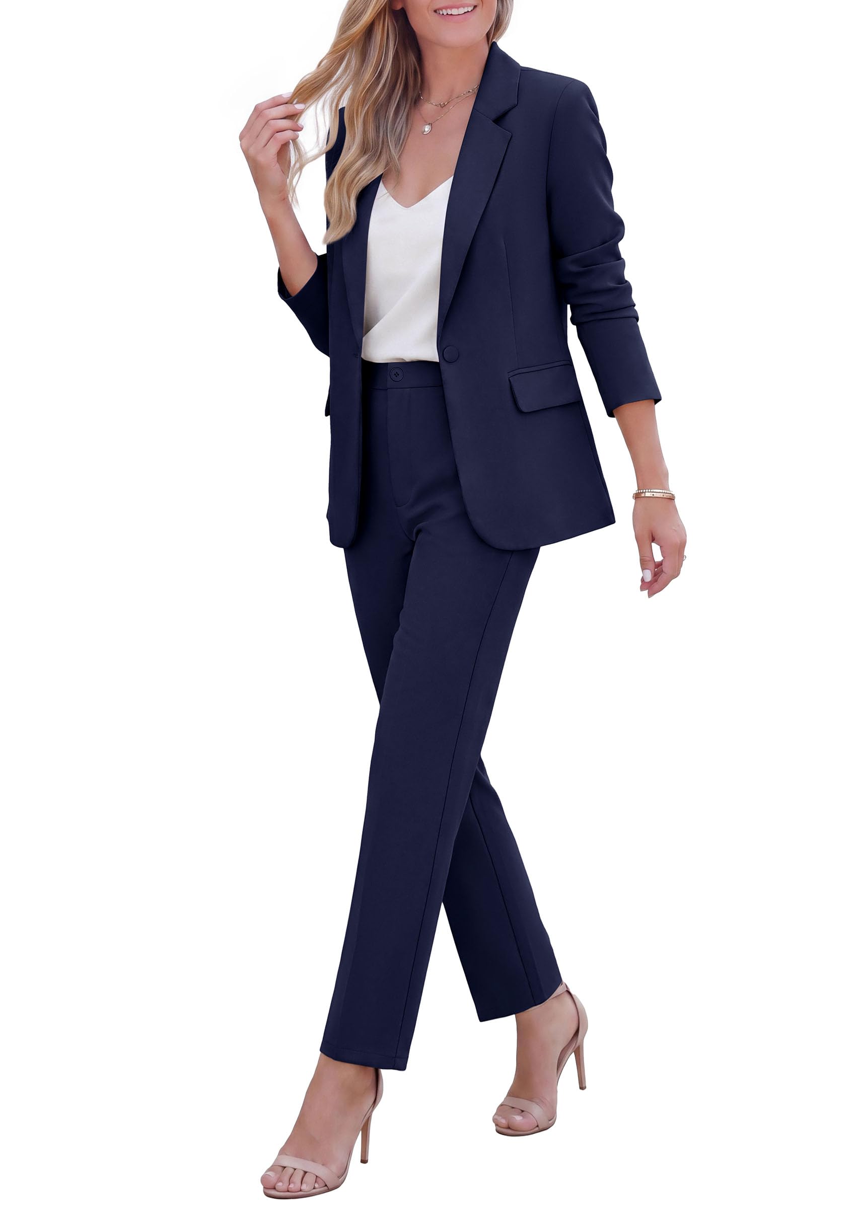 PRETTYGARDEN Two Piece Sets for Women Dressy Pant Suits Lapel Blazer,Straight Leg Dress Pants,Professional Interview Suit Set,Business Casual Outfits,Office Work Clothes,Fall Winter