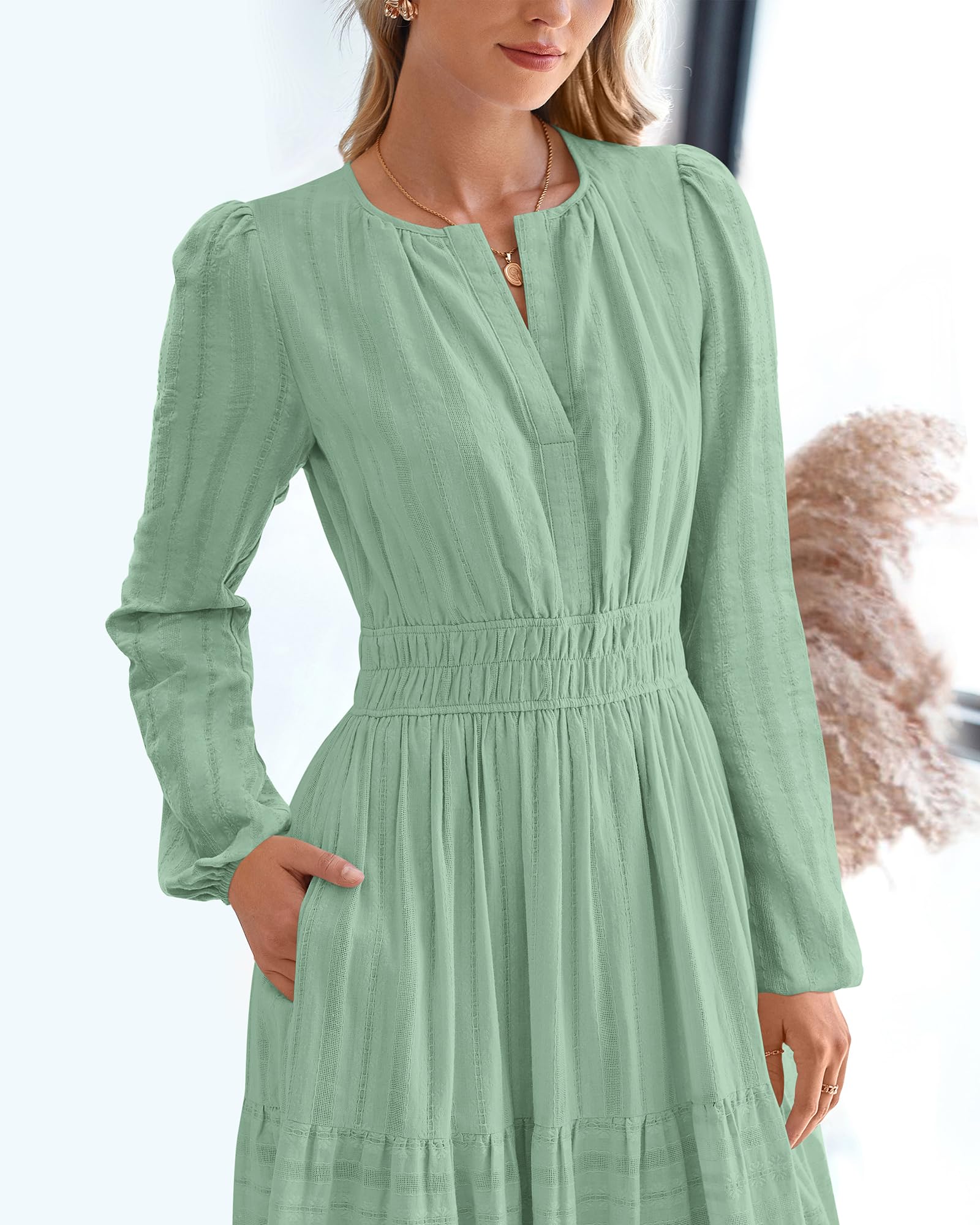 BTFBM Spring Dresses for Women 2026 Casual Long Sleeve V Neck Elastic Waist Lightweight Maxi Wedding Guest Dress Pockets